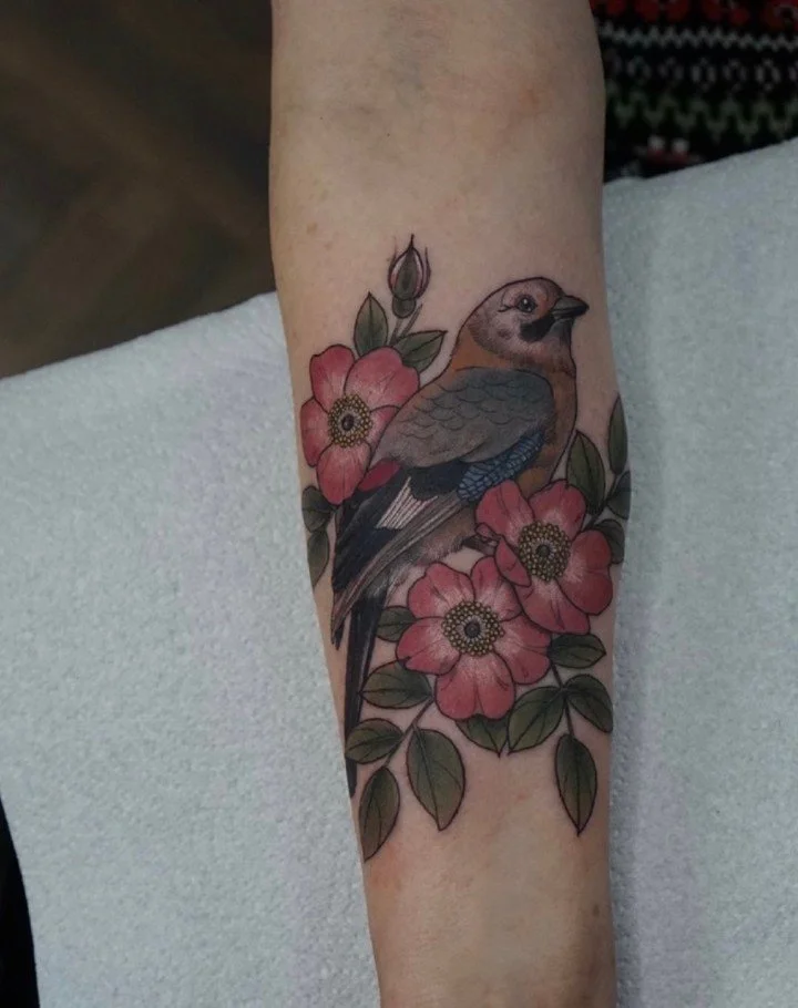 Eurasia jay and dog rose from @amandatattoos ✨ Amanda&rsquo;s on walk ins every Thursday and Friday but has some space in May and June for larger/custom work!
