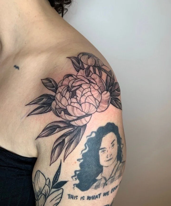 Peony shoulder cap by @amandatattoos ✨ Amanda is on walk ins every Thursday and Friday and taking bookings for larger/custom work throughout June and July!
