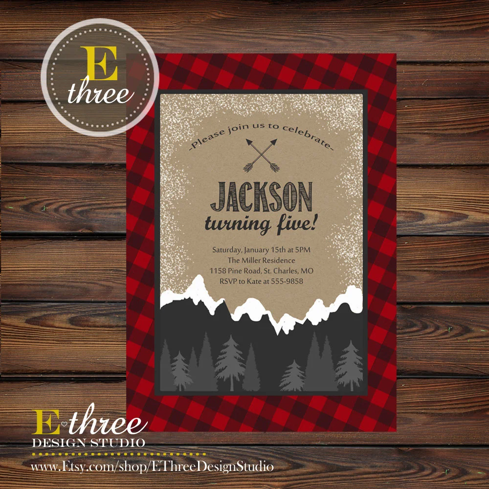 Lumberjack Birthday Party Invitation - Rustic Winter Party Invitations -  Woodland, Mountains, Plaid, Trees Party Invite — E-Three Design Studio