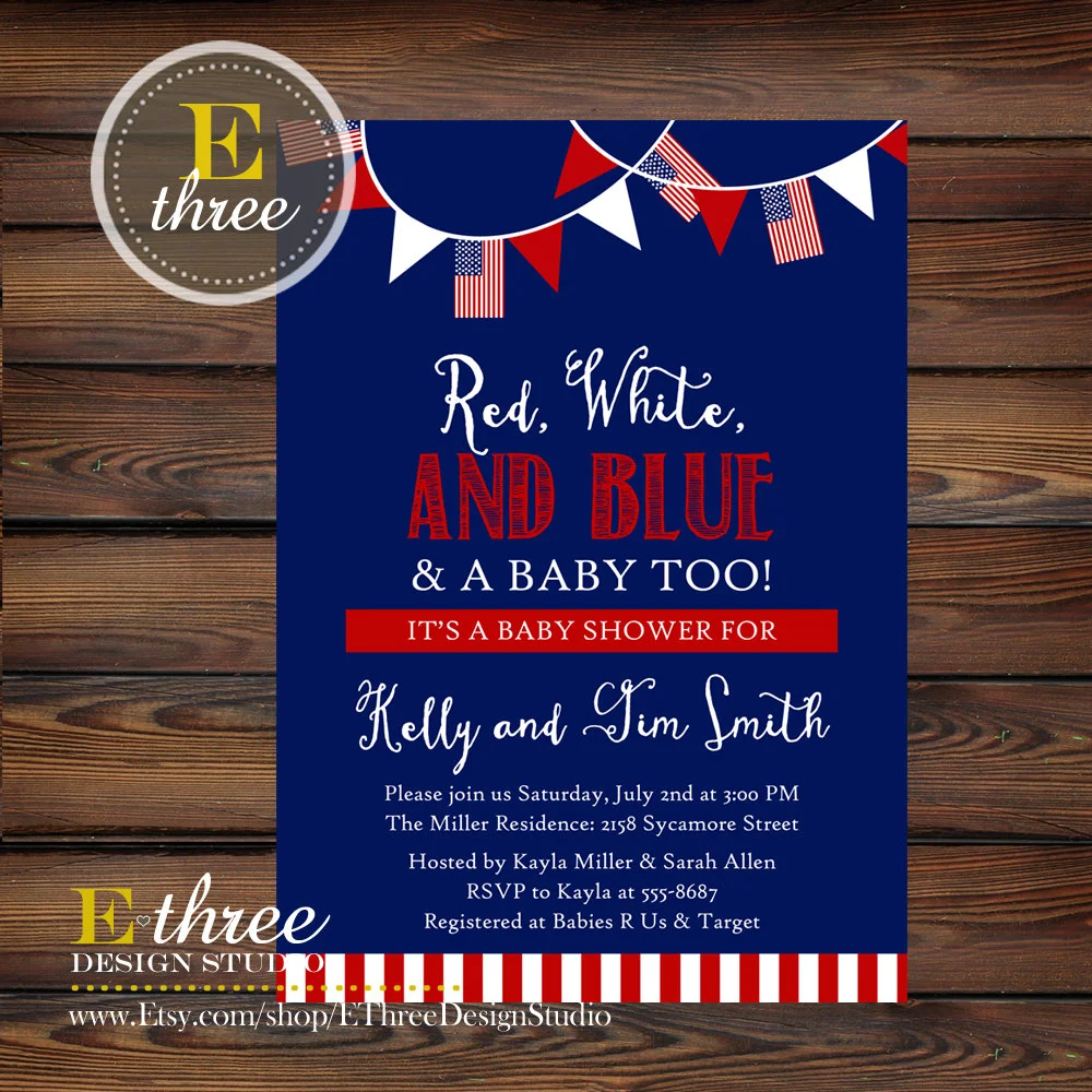 4th of July Baby Shower Invitation Red White Blue Patriotic Summer Shower  Invite #1028 — E-Three Design Studio