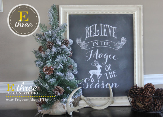 Printable Reindeer Christmas Chalk Art - Believe in the Magic Holiday Decor Chalkboard Print