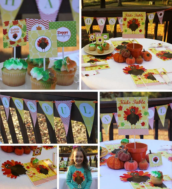 Printable Thanksgiving Kid's Table Party Set - Kid's Table Thanksgiving Dinner Decor- Turkey Day Party Pack