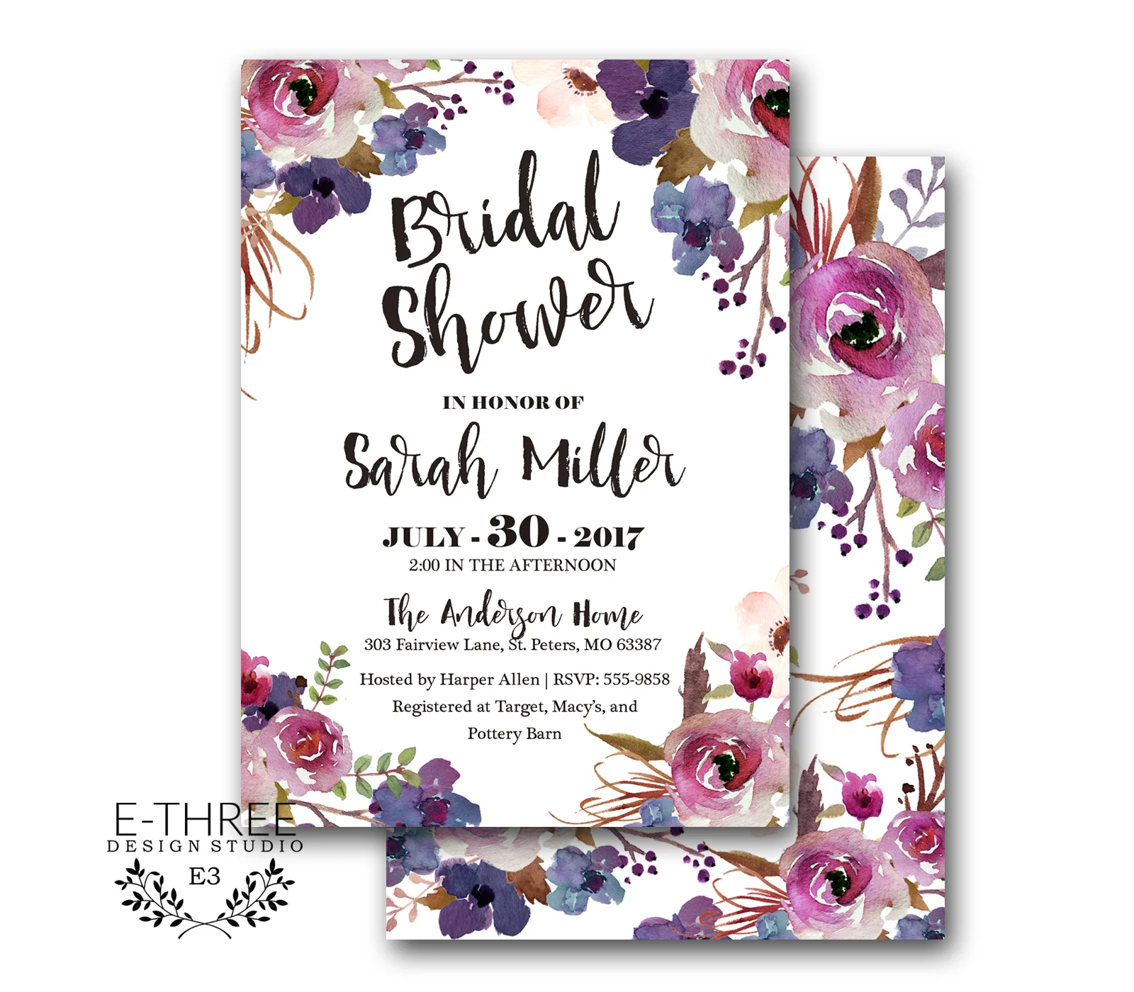 Purple Floral Bridal Shower Invitations - Watercolor Flowers - Purple, Violet, Eggplant