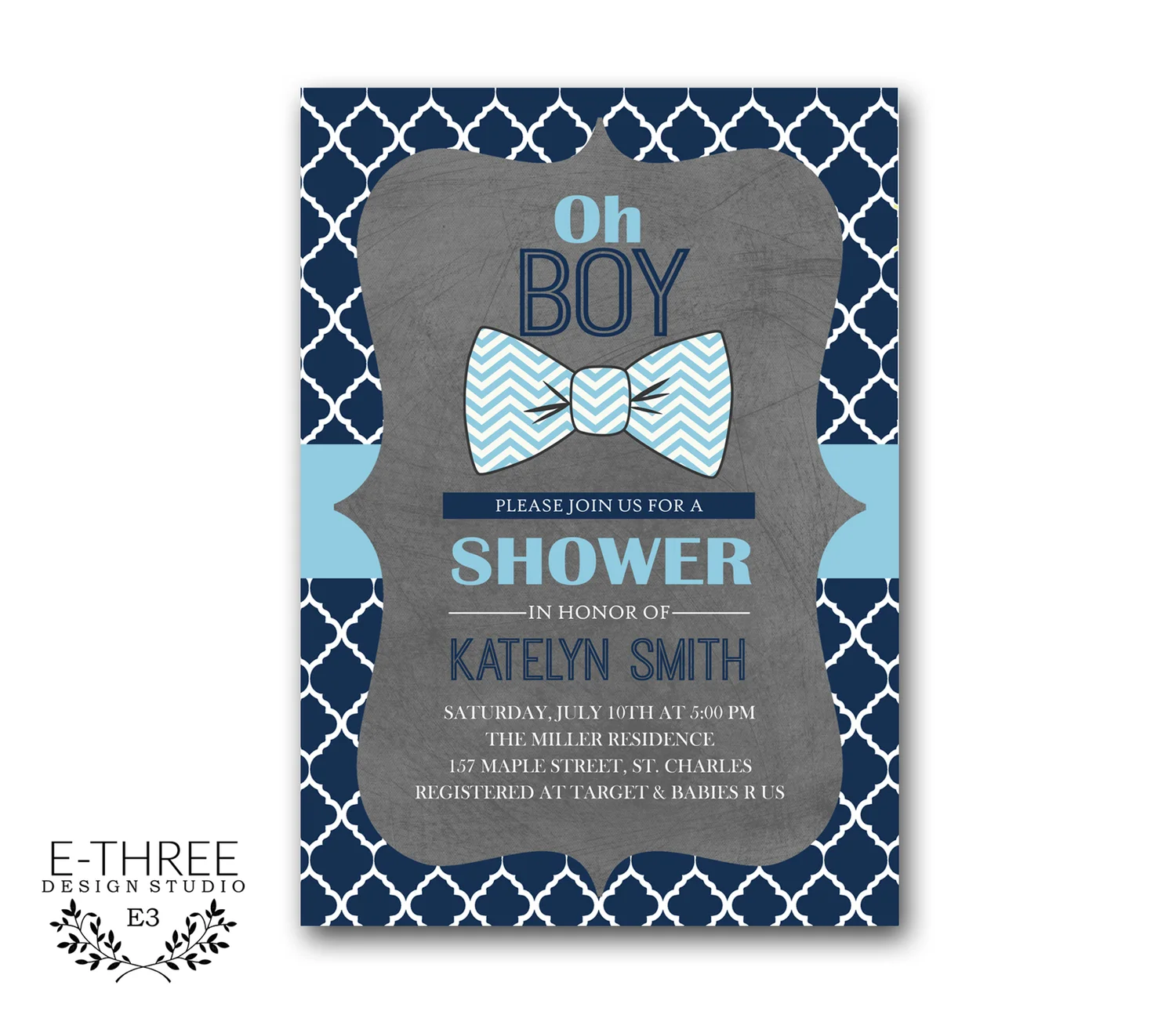 Bow Tie Baby Boy Shower Invitation Preppy Navy, Baby Blue, Gray Little  Man Shower Invite #1016 — E-Three Design Studio