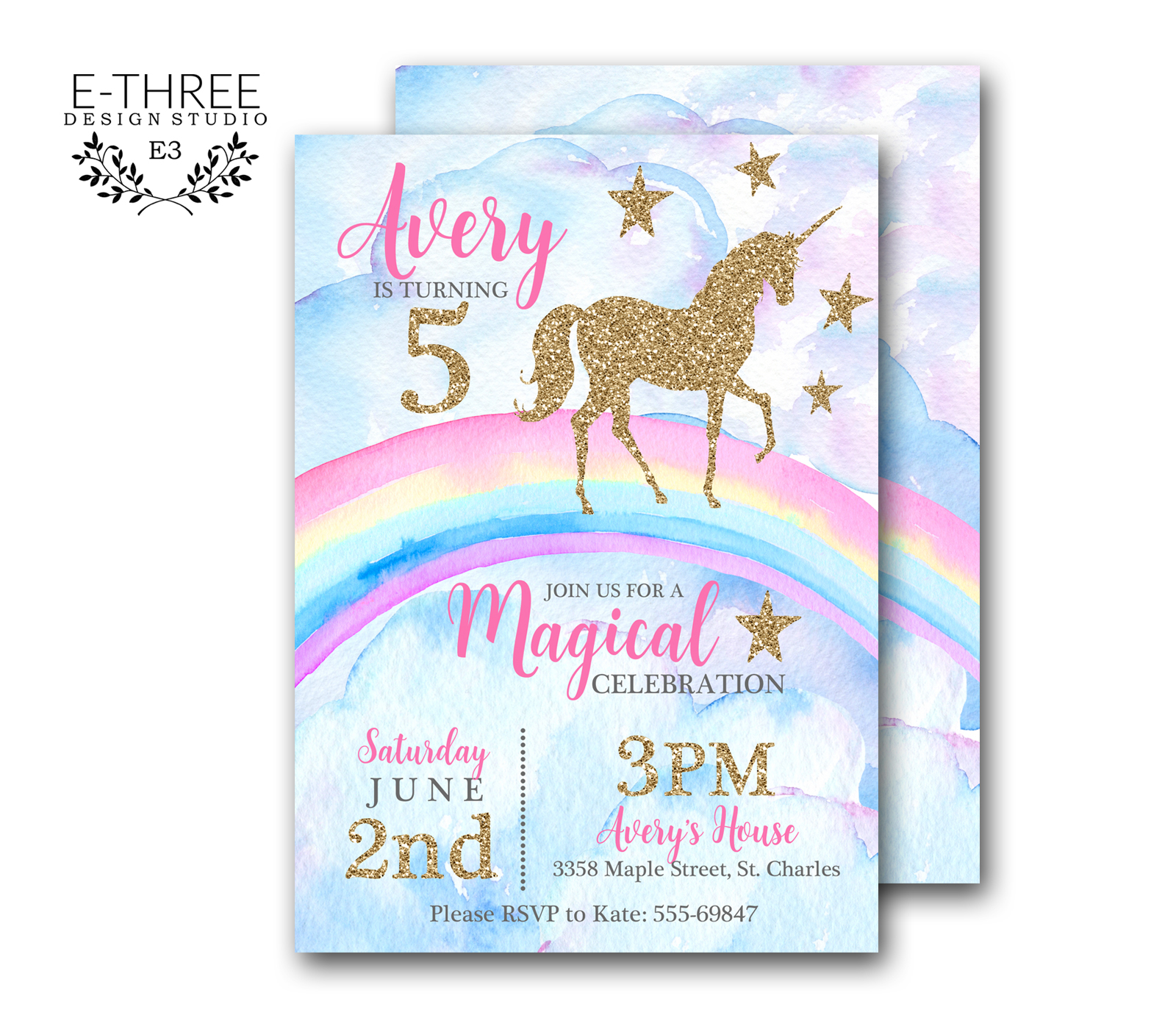 Online Animated Video Birthday Celebration Evite Unicorn Birthday Invitation Rainbow Party Gold Glitter Pink Girl Magical Day Invites