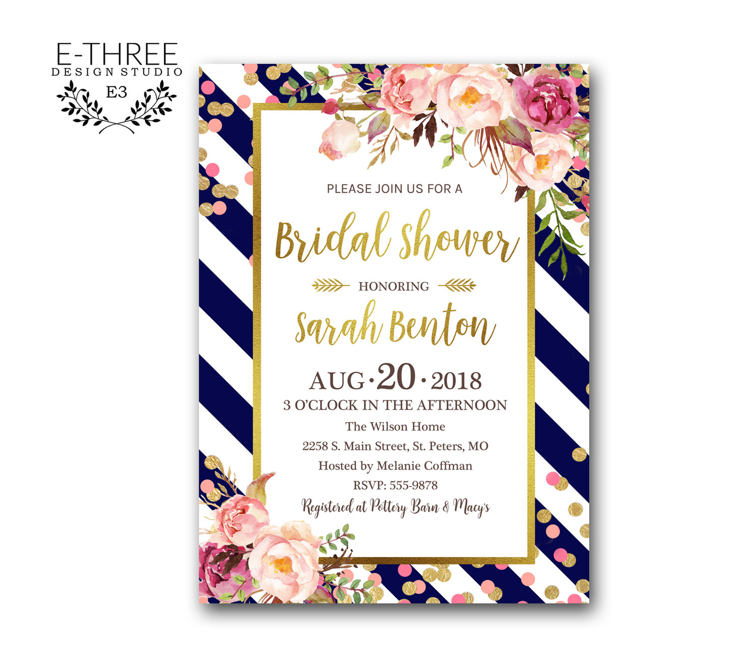 Gold Navy Fuchsia Bohemian Bridal Shower Invitation
