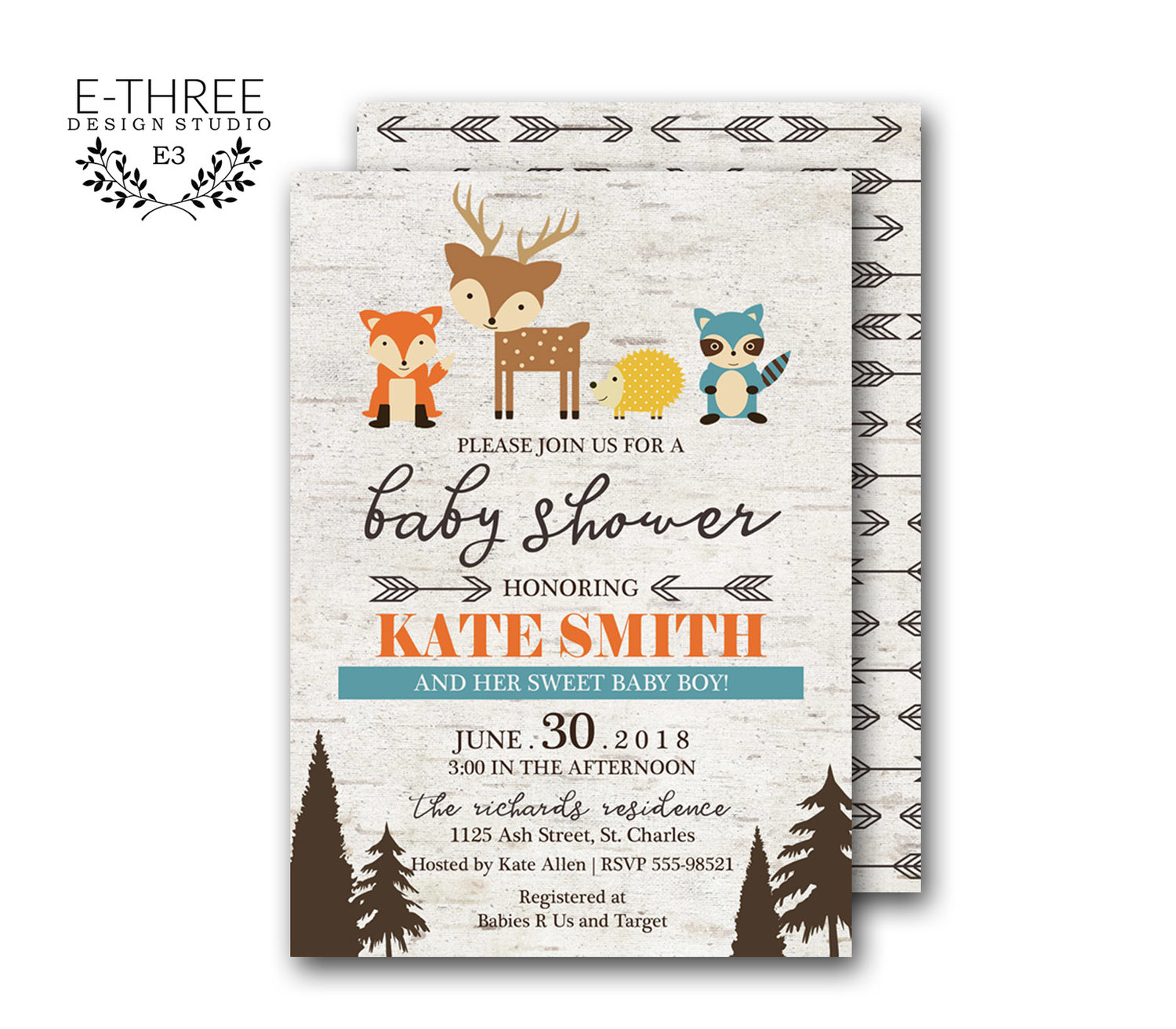 Woodland Baby Shower Invitation - Boy's Shower Invitation - Baby Animal Shower Invite - Deer, Raccoon, Fox Orange, Blue, Yellow E-Three Design