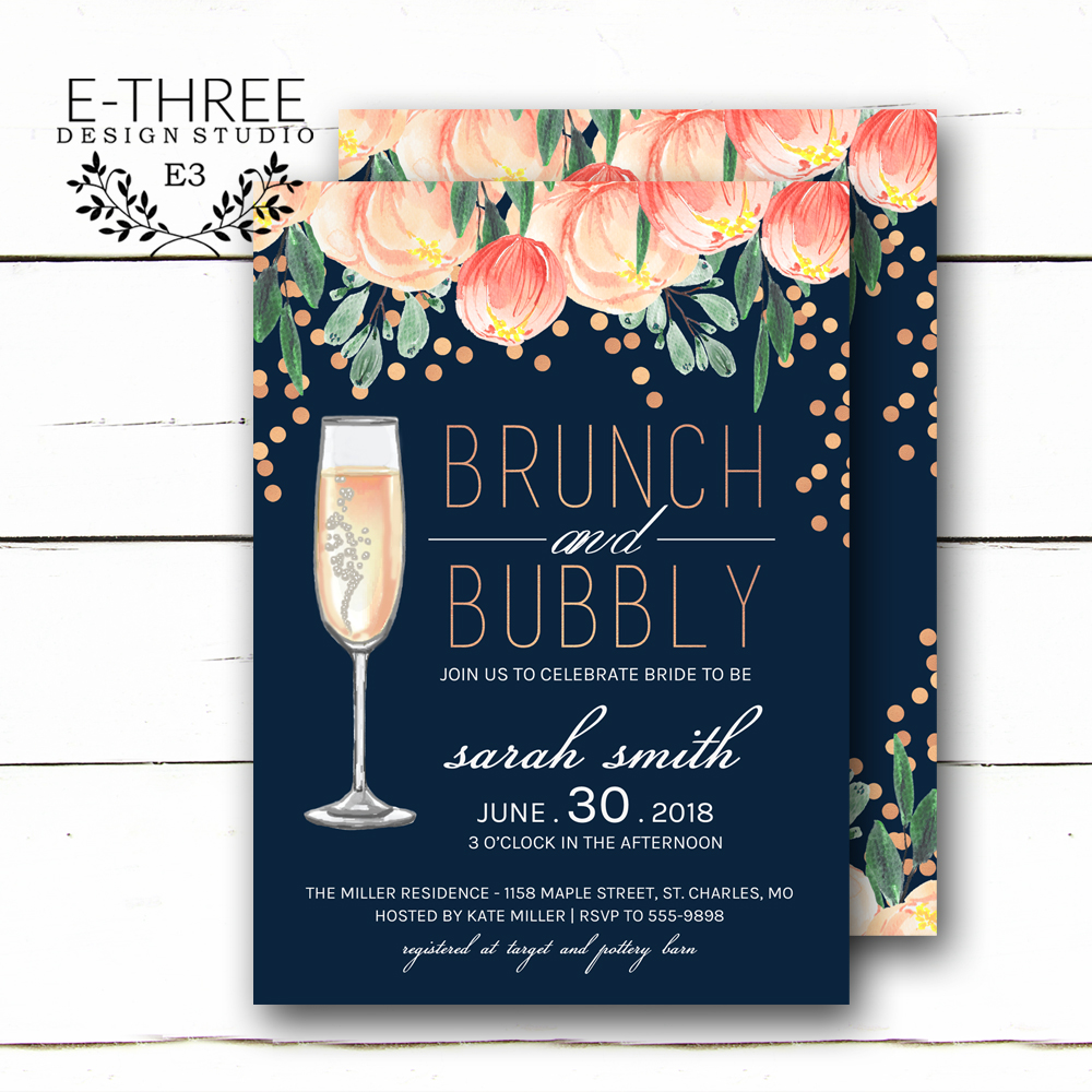 Rose Gold Christmas champagne glasses Bridal Shower mobile phone electronic editable invite Brunch and Bubbly Bridal Shower Invitation