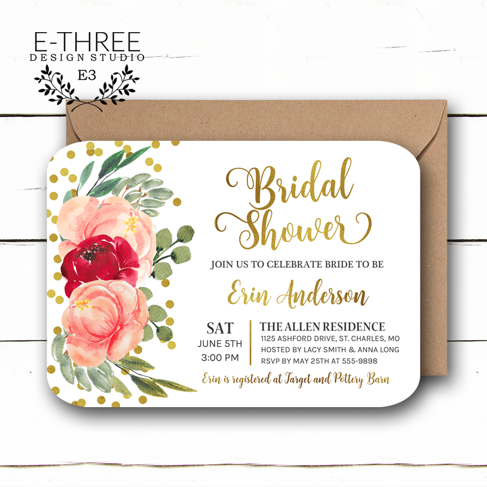 Gold Bridal Shower Invitation Greenery and Flowers Flower Wedding Shower Invitation Pink and Gold Foil Confetti and Foliage