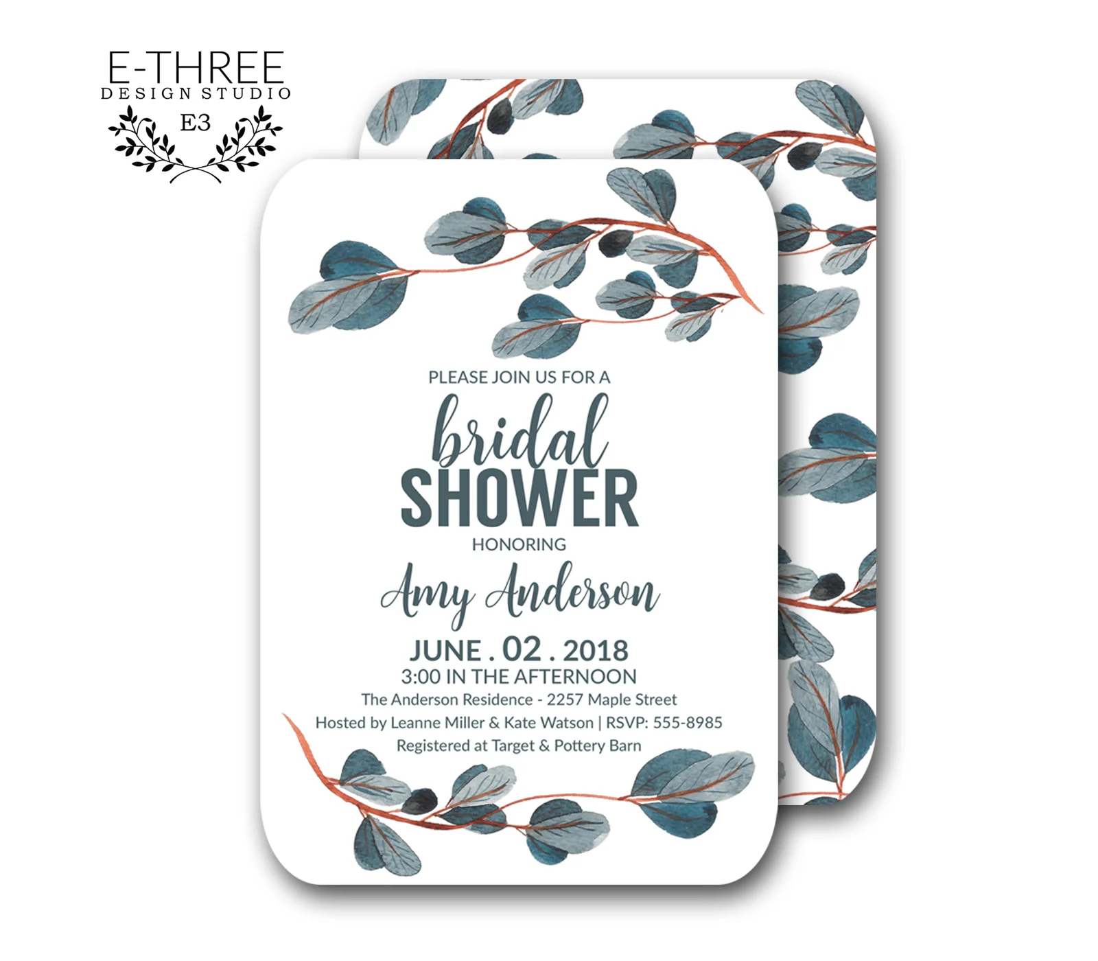 Blue Foliage Bridal Shower Invitations