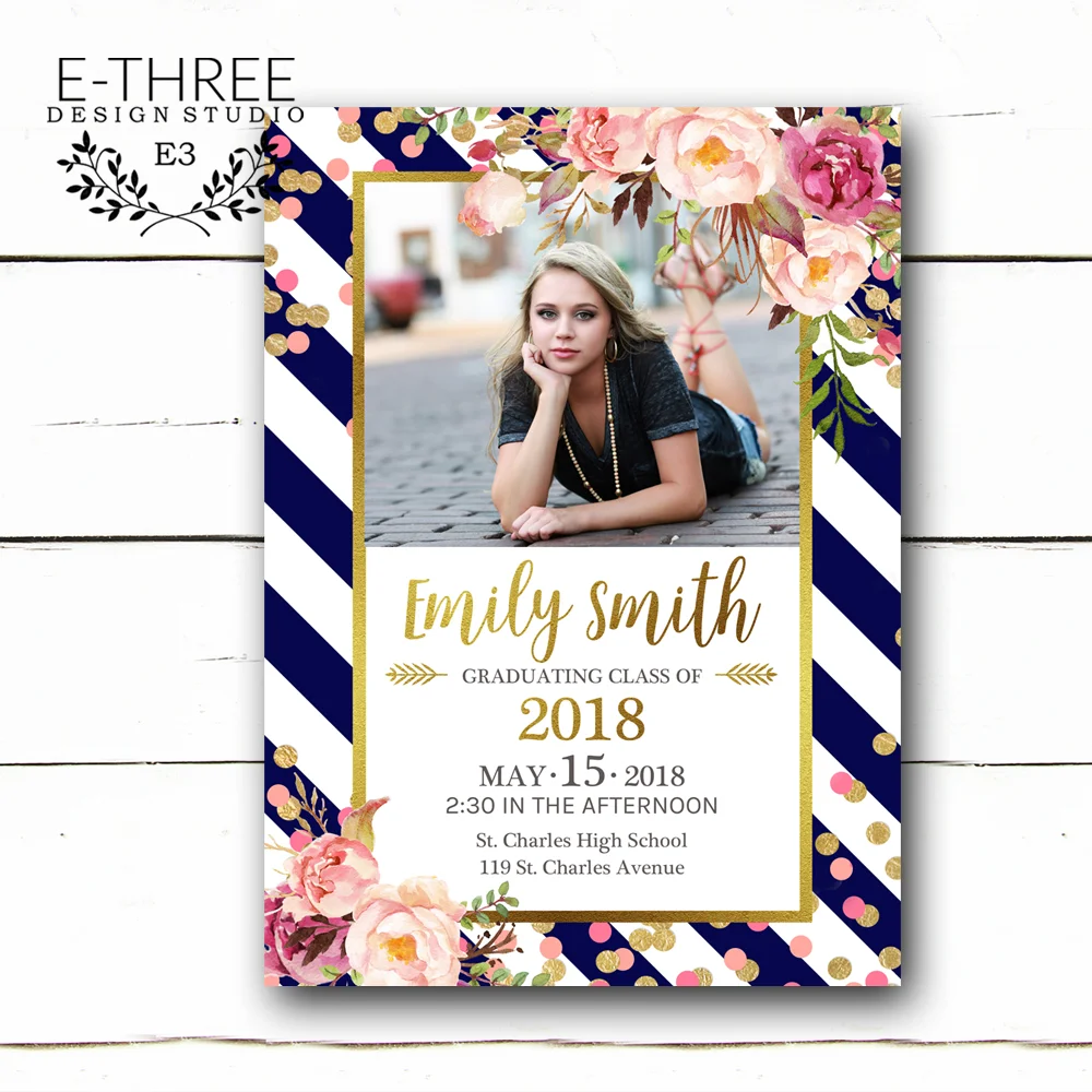 Floral Boho Graduation Announcement - Photo Graduation Card - Girl's High  School or College Graduation - Navy, Pink, Gold  E-Three Design Studio