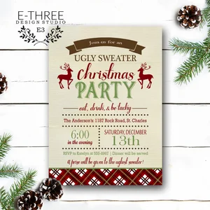 Ugly Sweater Christmas Party Invitation - Tacky Sweater Party - Reindeer  and Plaid  E-Three Design Studio