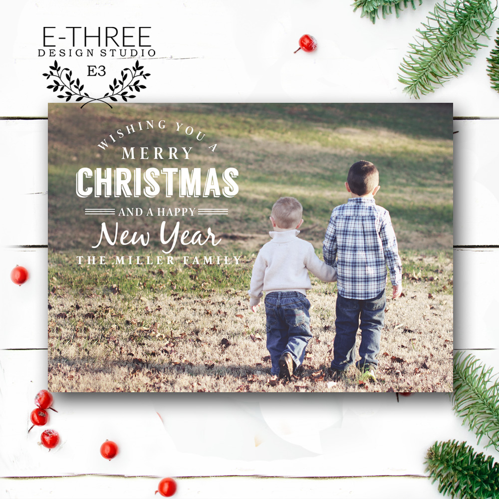 Simple Classic Christmas Photo Card, Modern White Typography Holiday Card