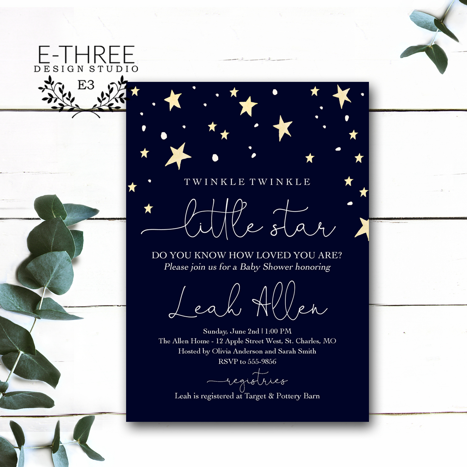 Modern Twinkle Little Star Baby Shower Invitation - Boy's Baby Shower -  Navy Blue and Yellow - Outer Space — E-Three Design Studio