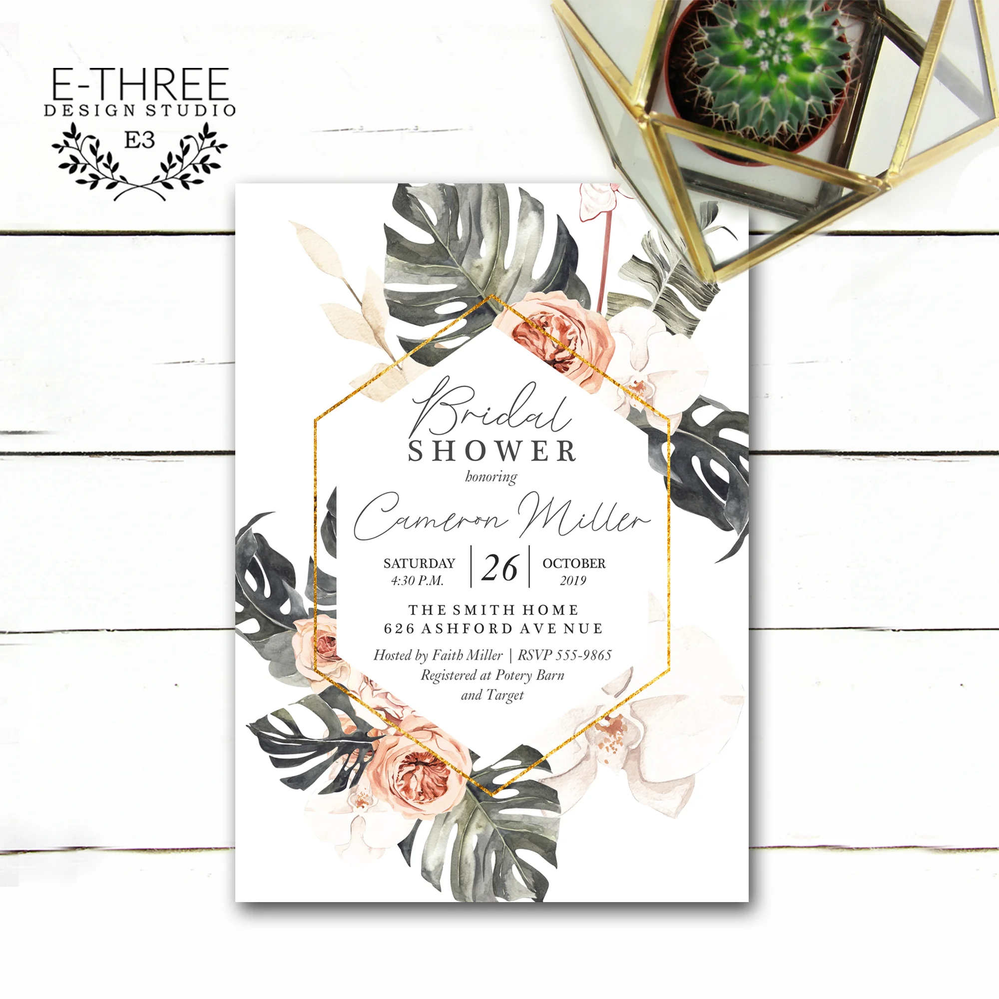 Elegant Tropical Bridal Shower Invitation with Flowers and Gold Geometric Frame