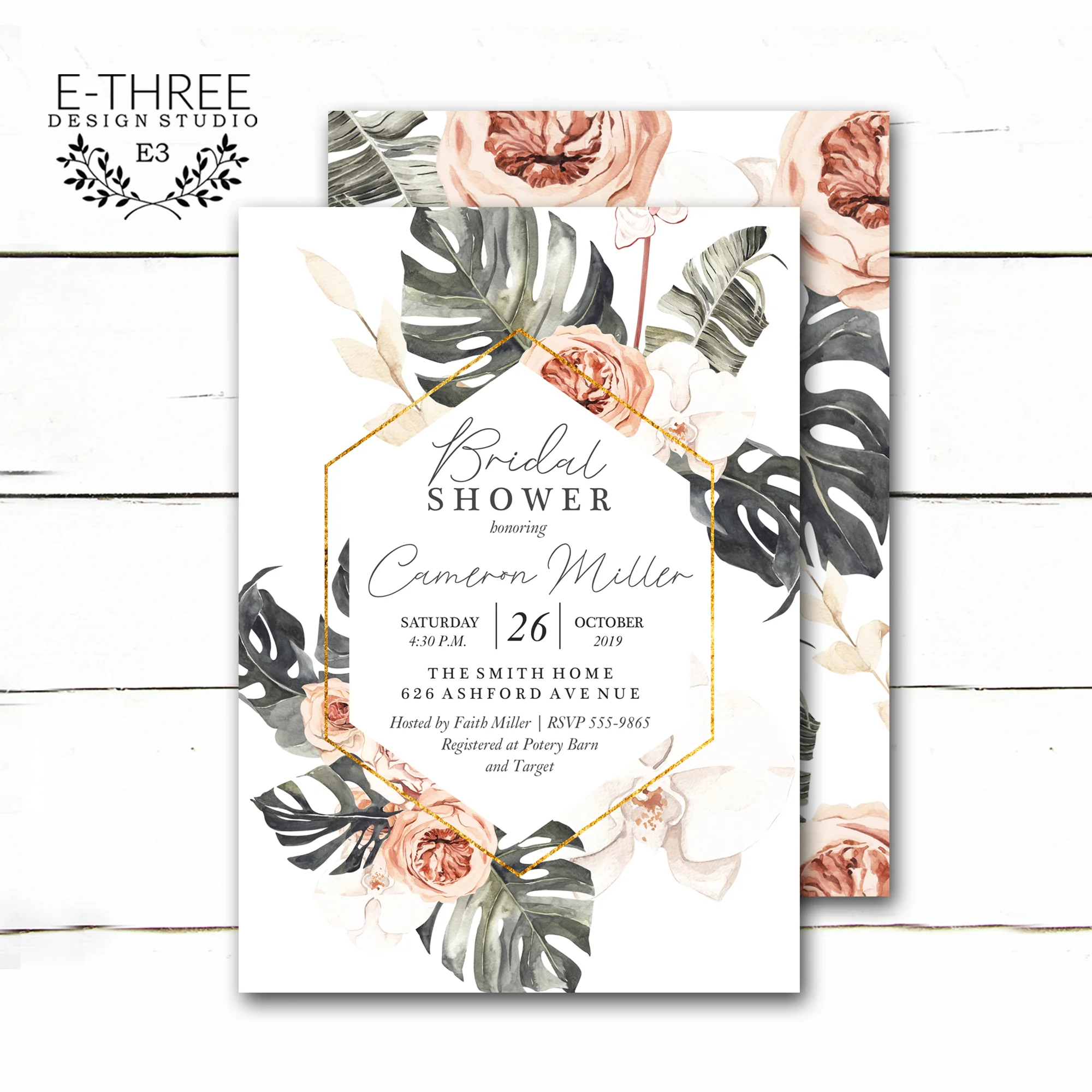 Elegant Tropical Bridal Shower Invitation with Flowers and Gold Geometric Frame