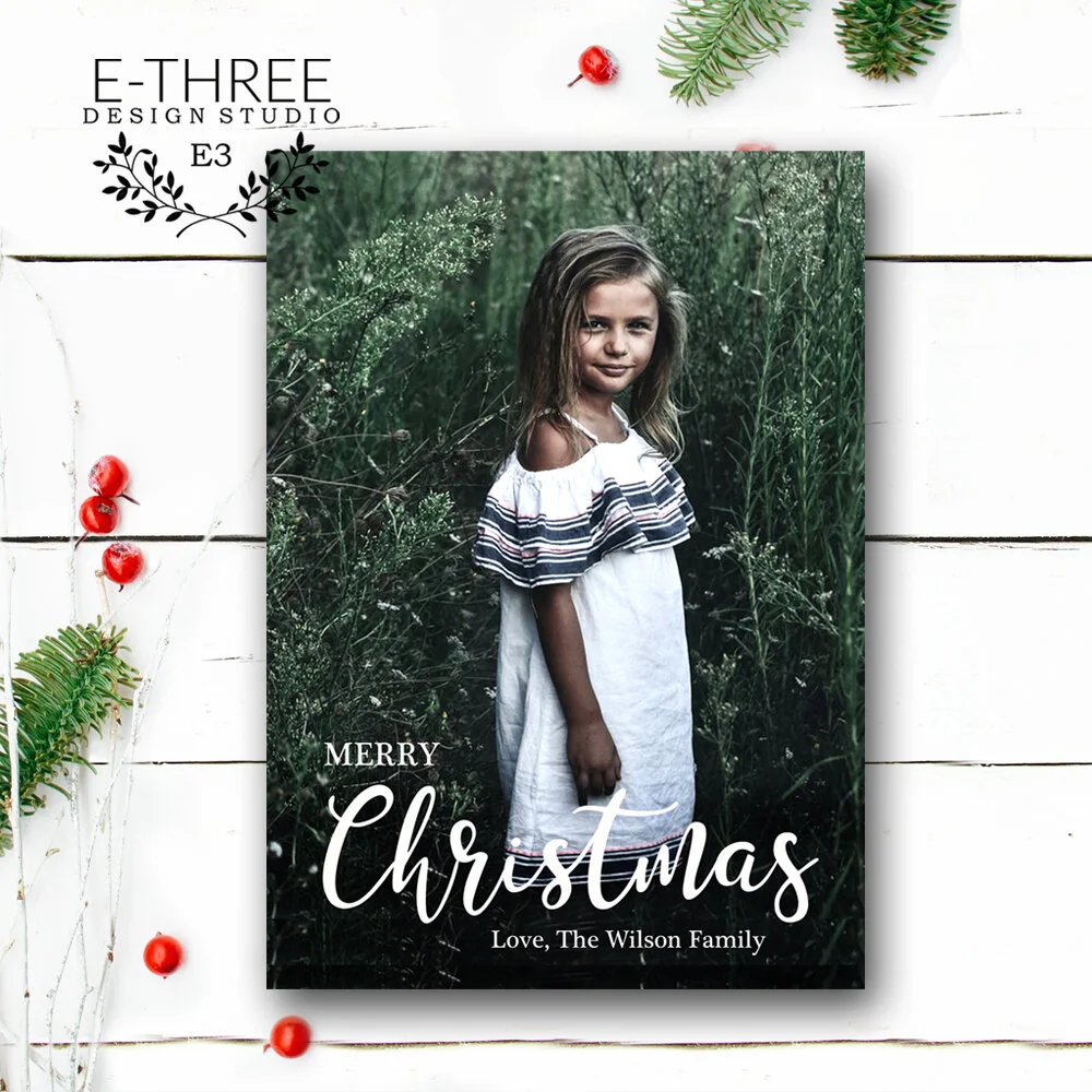 Modern Full Photo Christmas Card with White Font - Elegant Photo Holiday  Cards  E-Three Design Studio