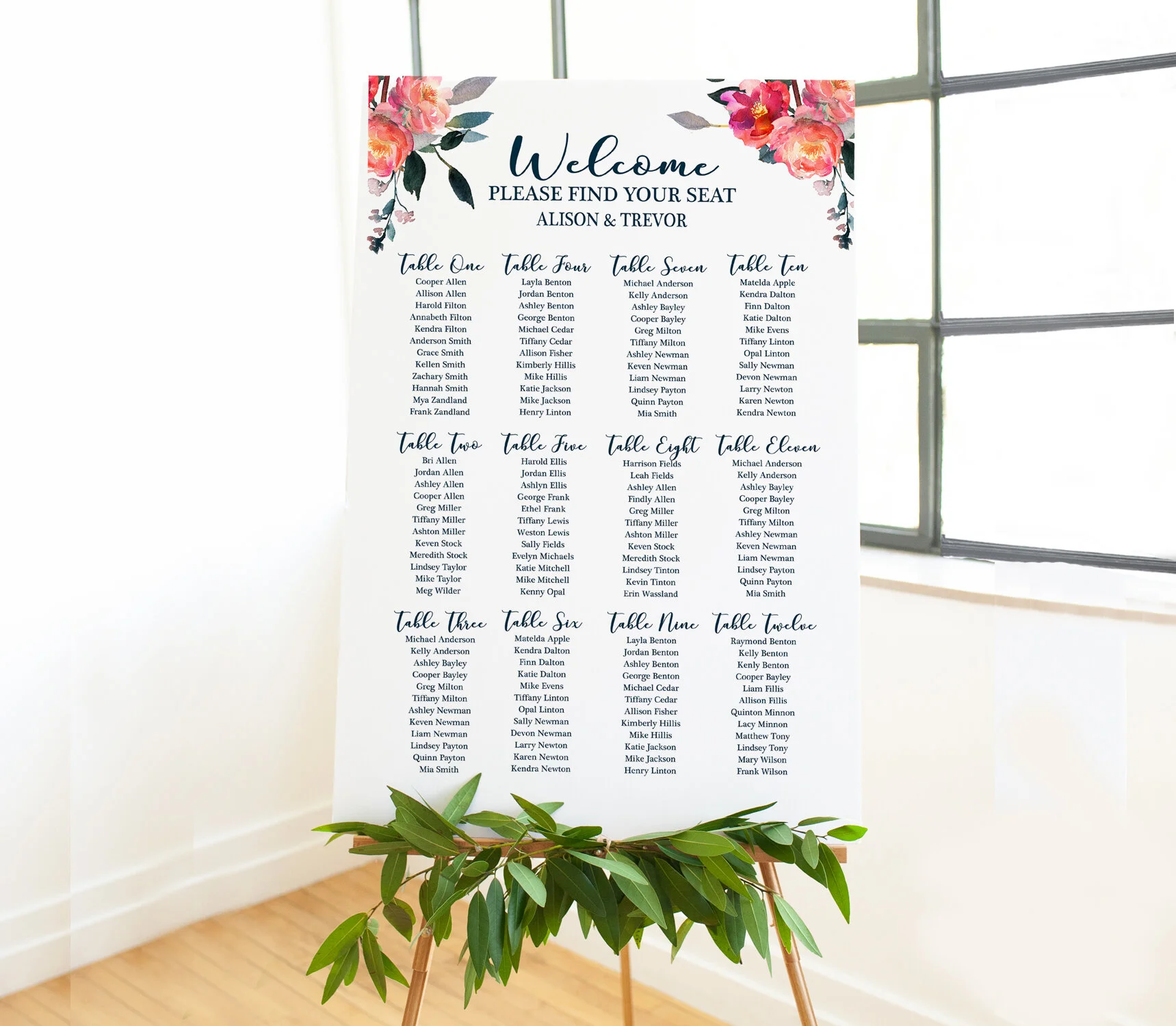 Pink and Navy Floral Wedding Seating Chart Poster - Allison Collection