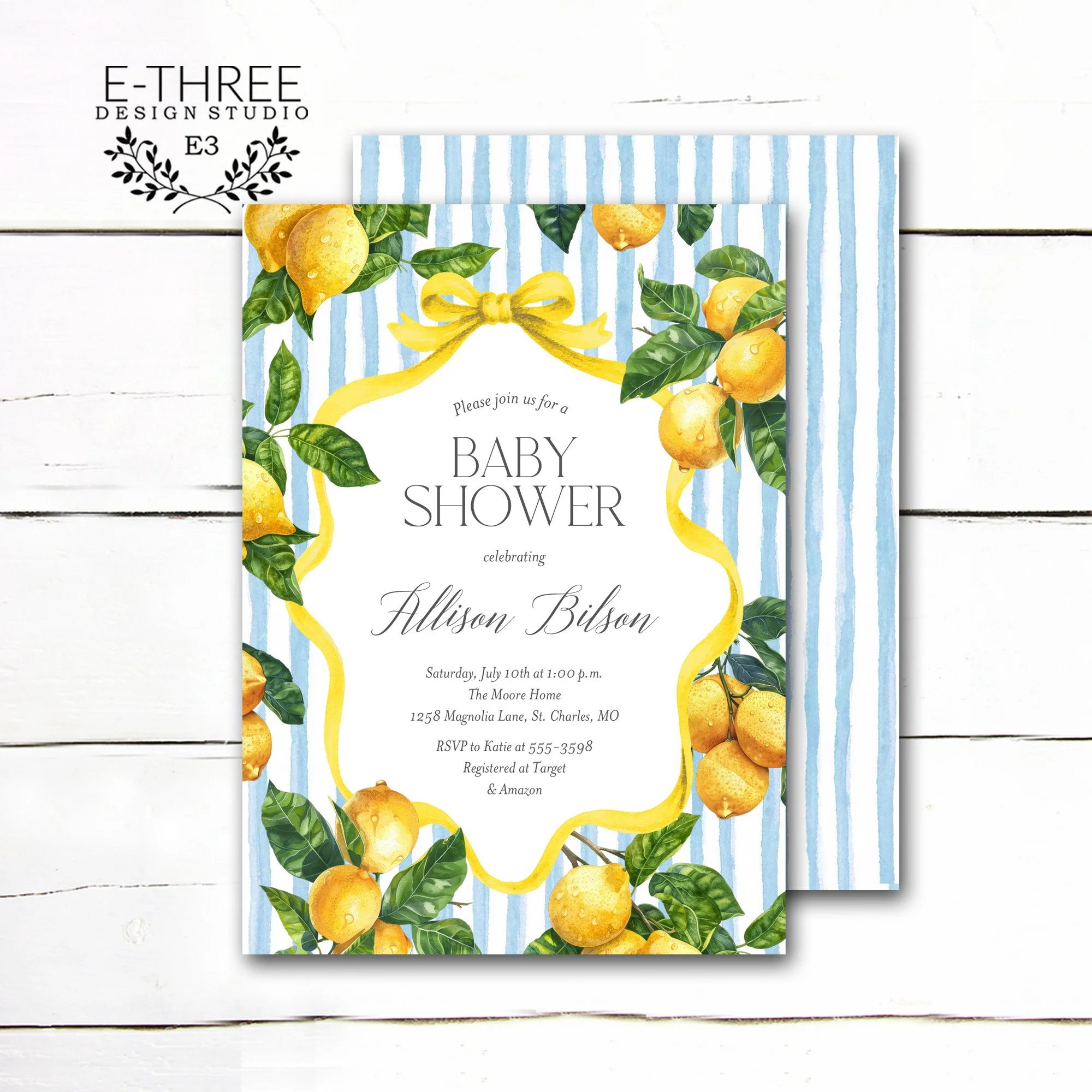 Blue and Yellow Lemon Baby Shower Invitation, Gender Neutral Shower Invitation, Printed Shower Invitations