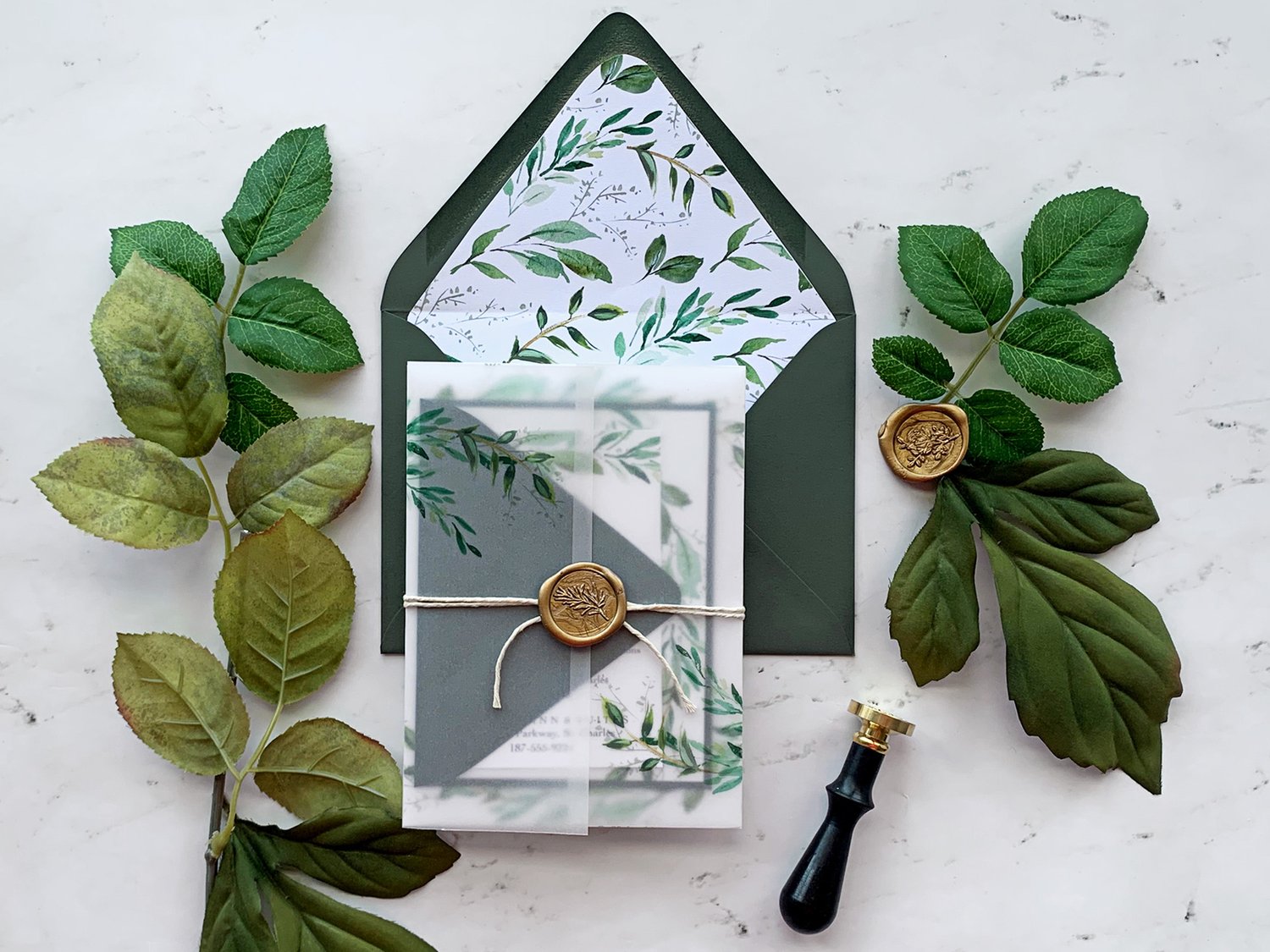 Greenery Vellum Jackets and Wax Seal Wedding Invitation Embellishments —  E-Three Design Studio