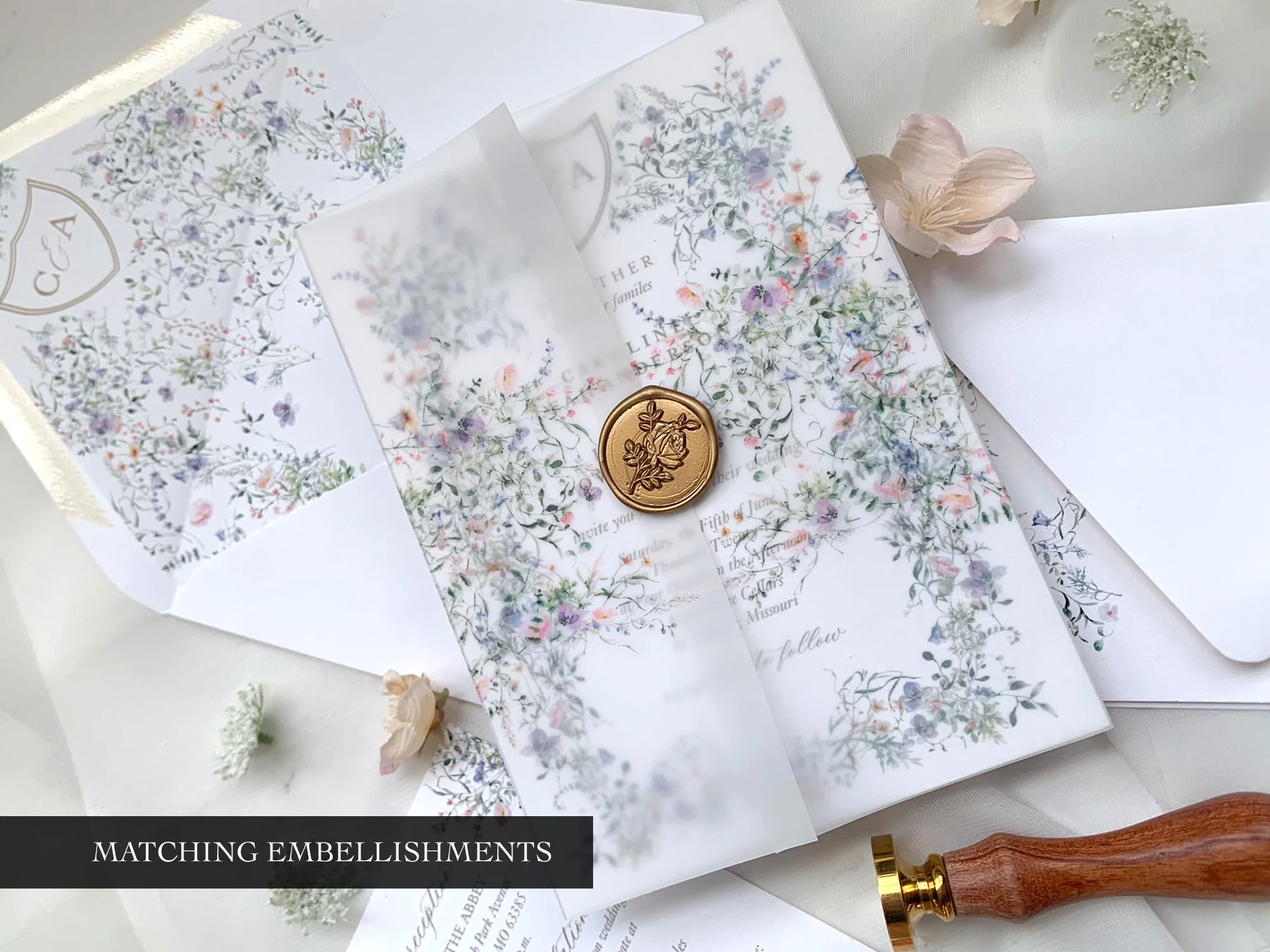 Wildflower Vellum Jacket and Wax Seals Add on for our Caroline Collection Wedding Invitation Suite, Dusty Blue and Pink Vellum Wrap