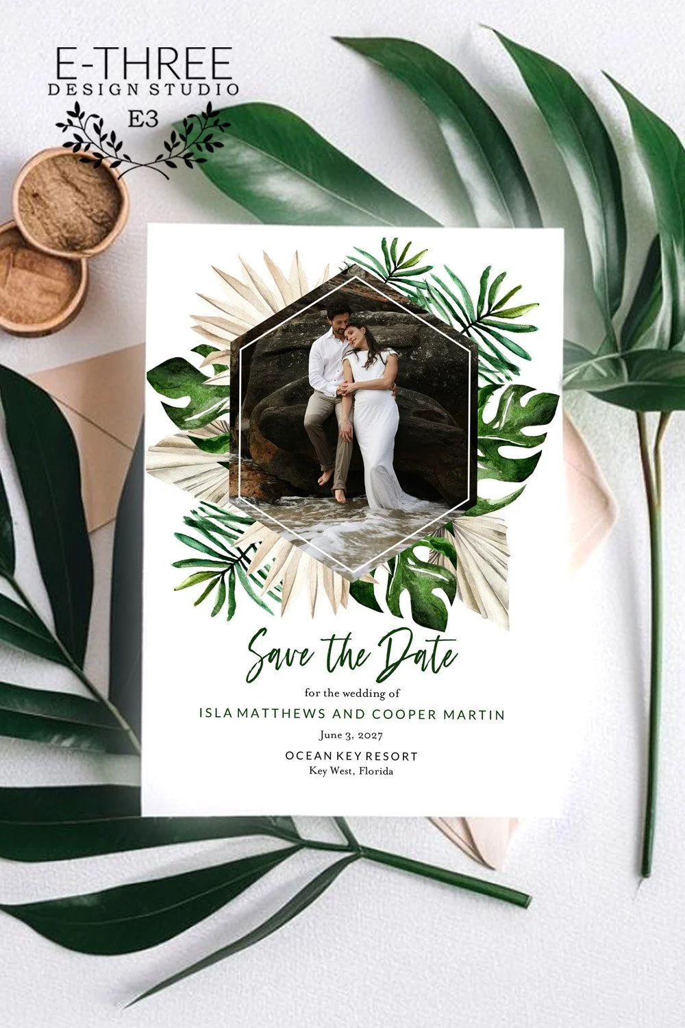 Tropical Greenery Save the Date Cards | Palm Leaf Destination Wedding Invitation | Botanical Photo Save the Dates