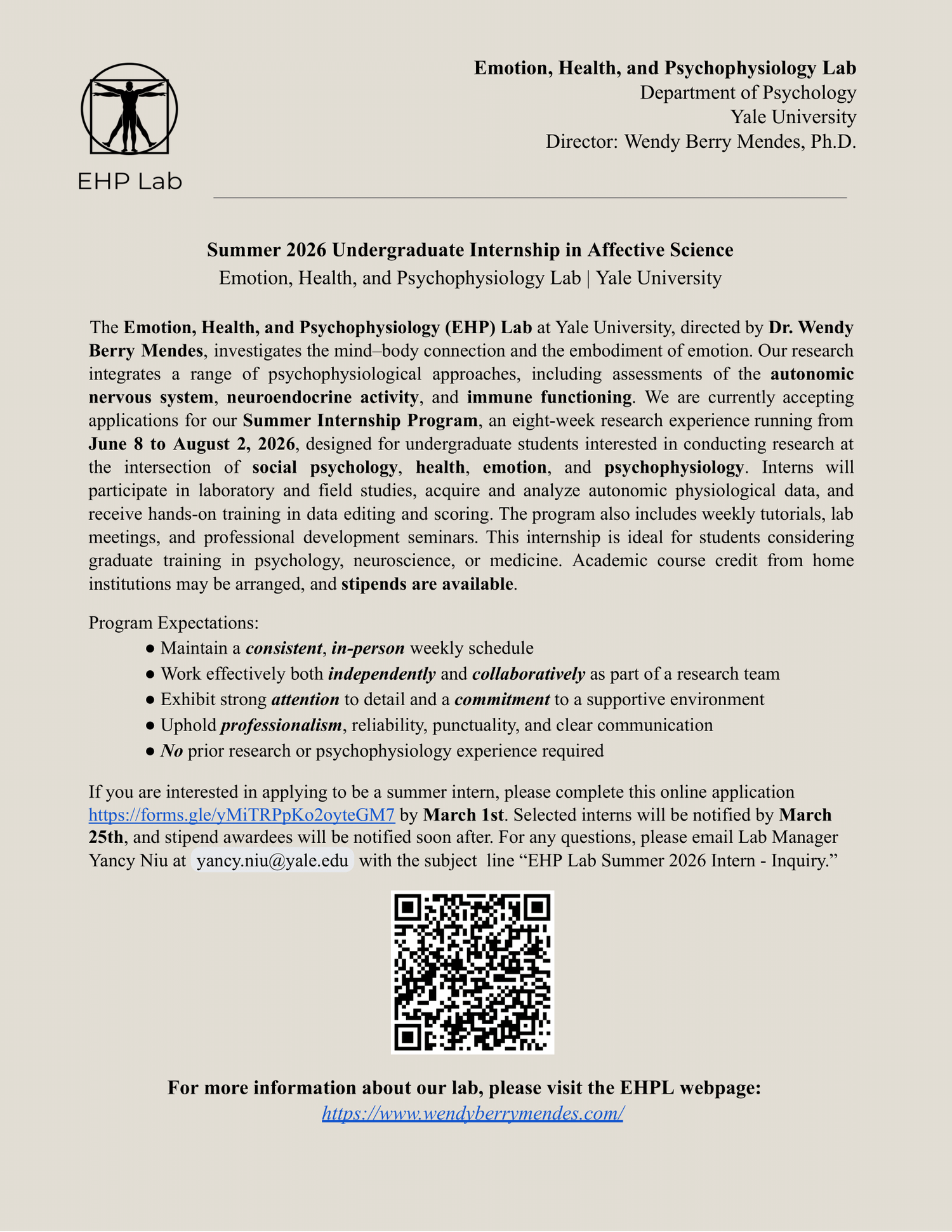 Summer 2026 Internship Program — Emotion, Health, and Psychophysiology Lab