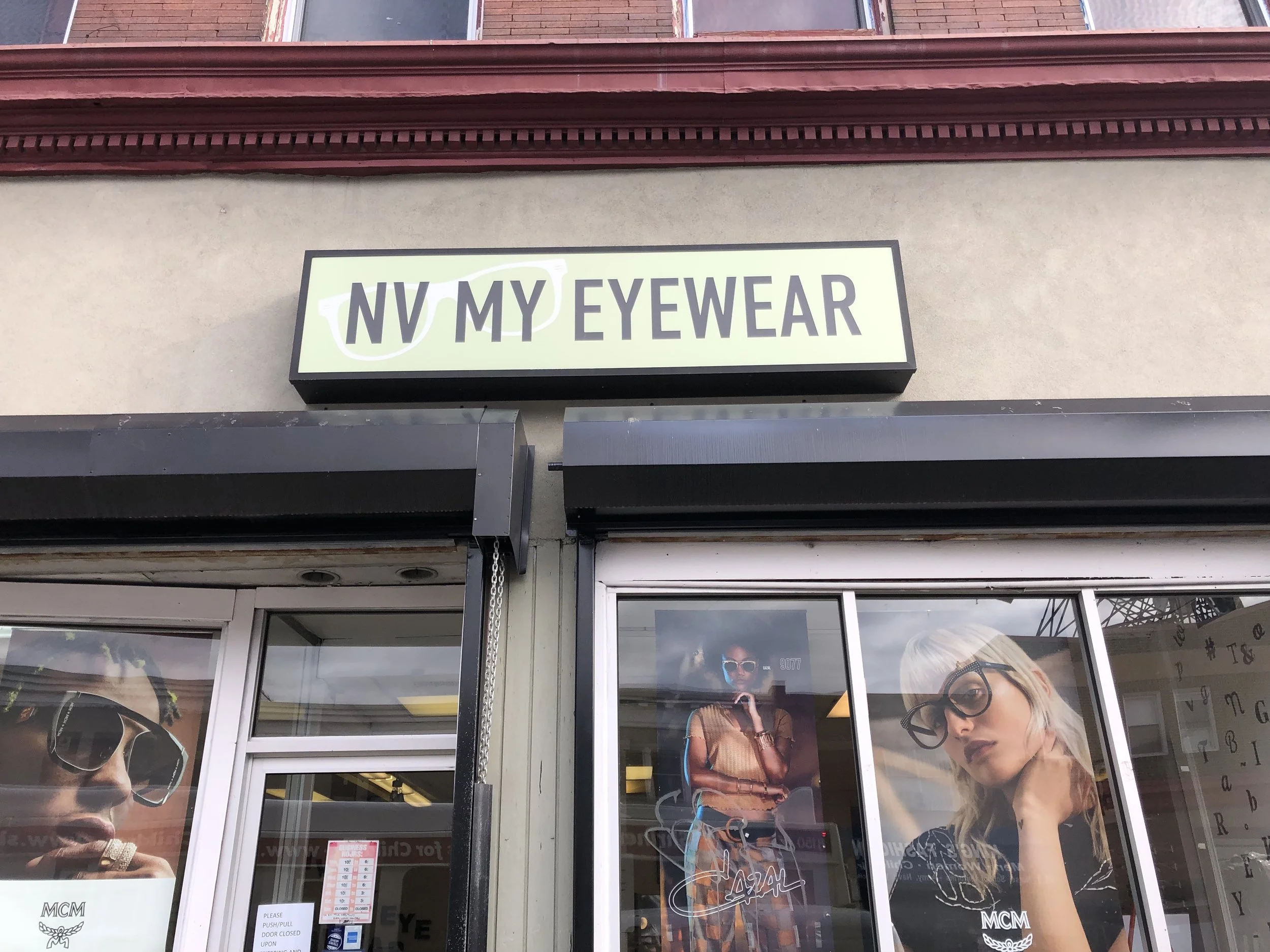 The front entrance of NV My Eyewear, located on 52nd St in Philadelphia, PA