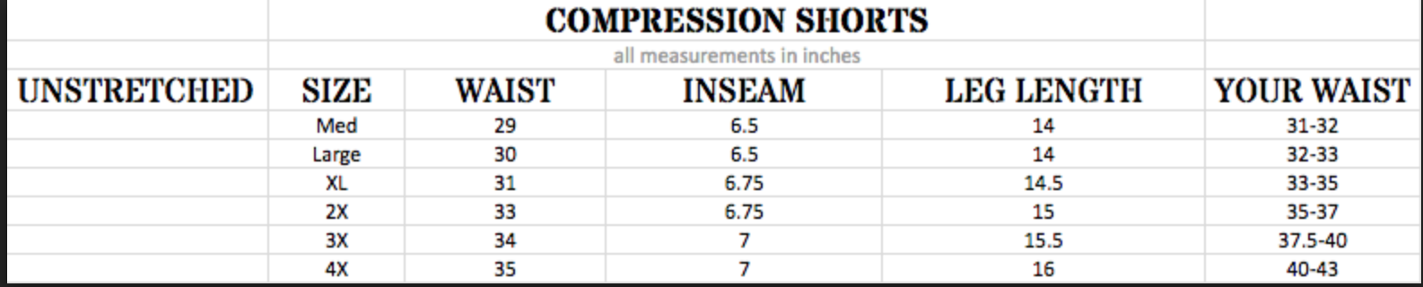 Compression Shorts Size Chart