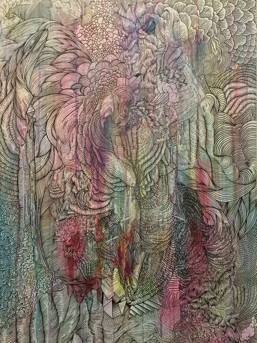 36in X 48in, Acrylic on particle board Exploring the transition between types of line, this piece engages with blurred, fluid applications of color as styled line work undergoes metamorphosis from one style or function to another.