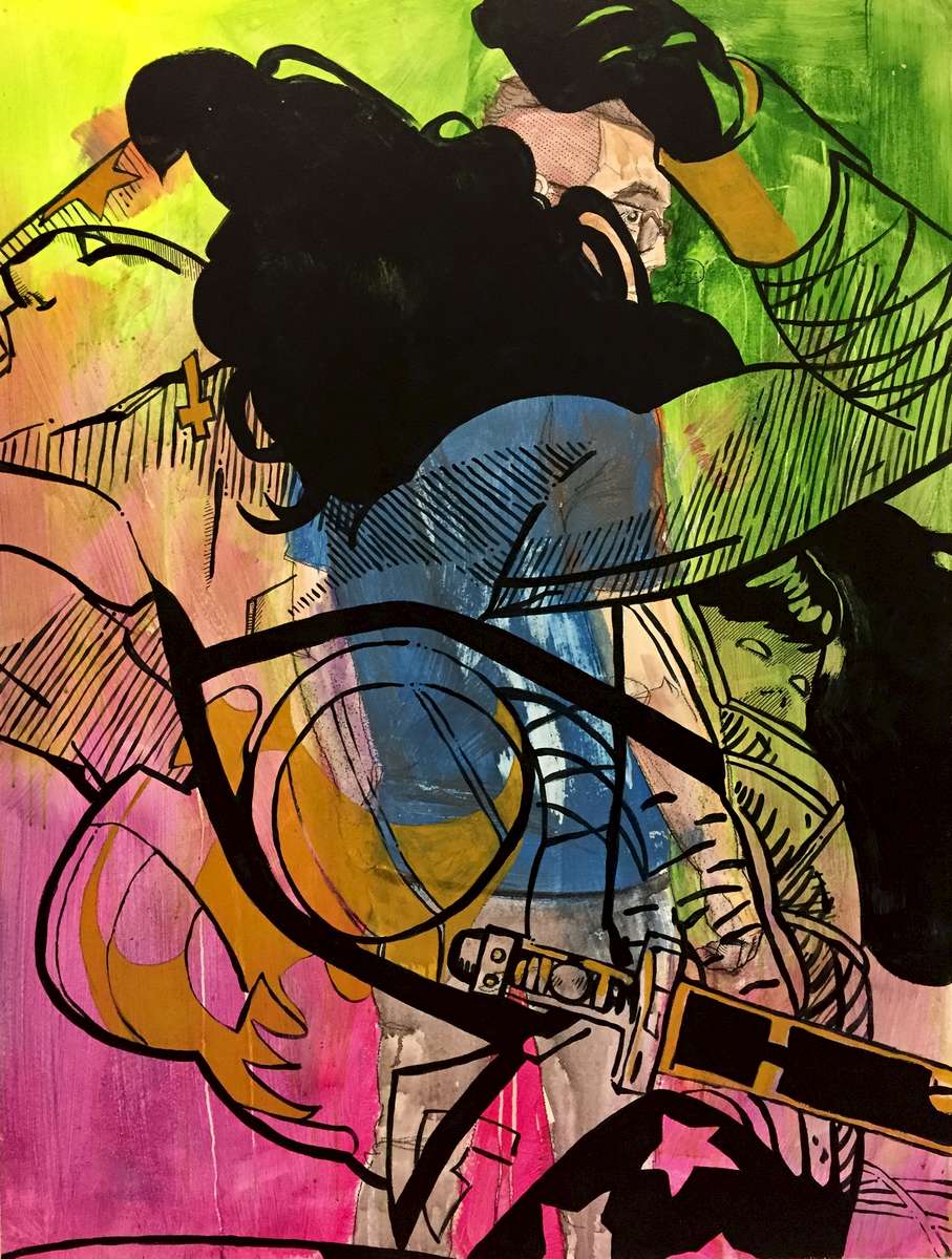36in X 48in, Acrylic on particle board In this series, Images of Frank Miller’s “Dark Knight” graphic novel series and Albrecht Dürer’s etchings are heavily cropped and overlaid on a variety of approaches to self-portraiture, from comic, to illustr