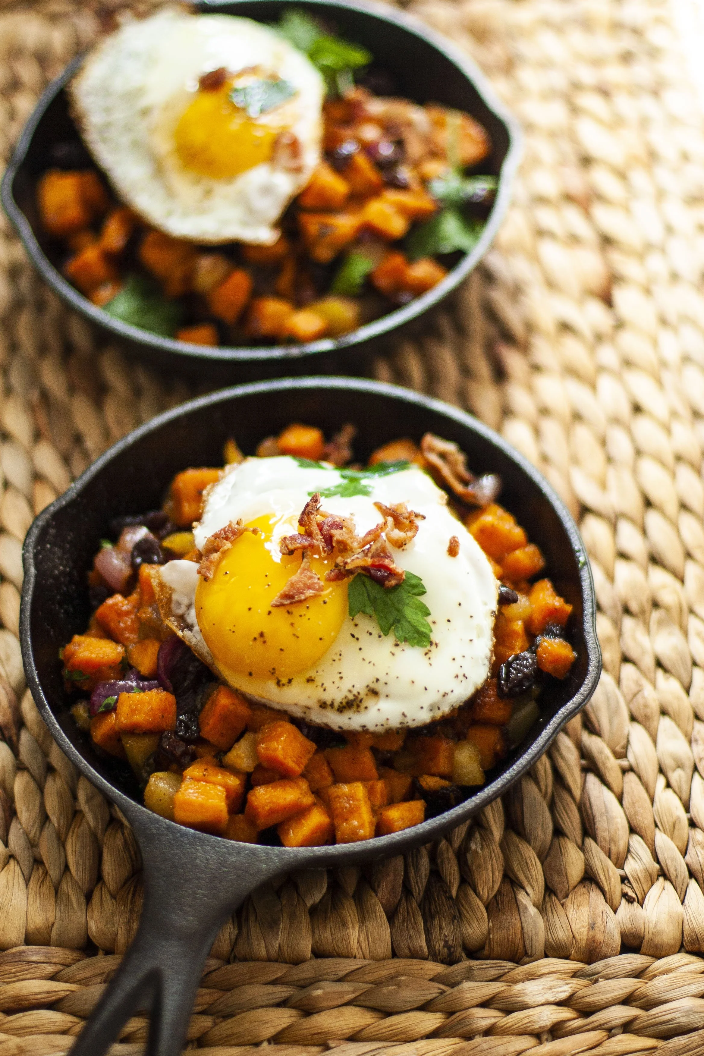 Sweet Potato-Green Apple Hash with Fried Egg and Rosemary Bacon