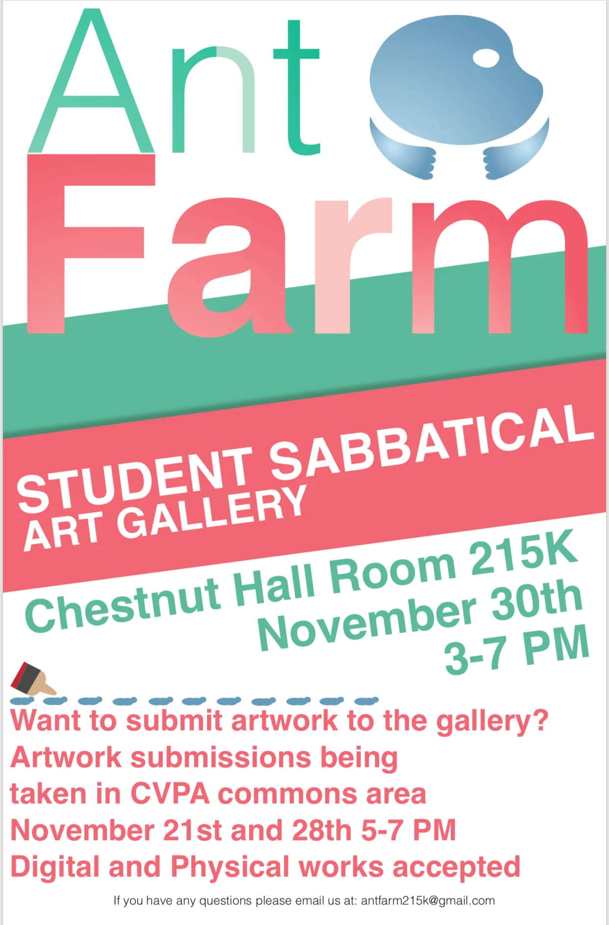 Over the last couple weeks, first-year student Ben Urdi has been organizing for the first show in the new art gallery in Chestnut Residence Hall! Please contact Ben at antfarm215k@gmail.com to submit your work for the show. There's no restrictions about what the art can be. The show opens on Thursday 11/30!
