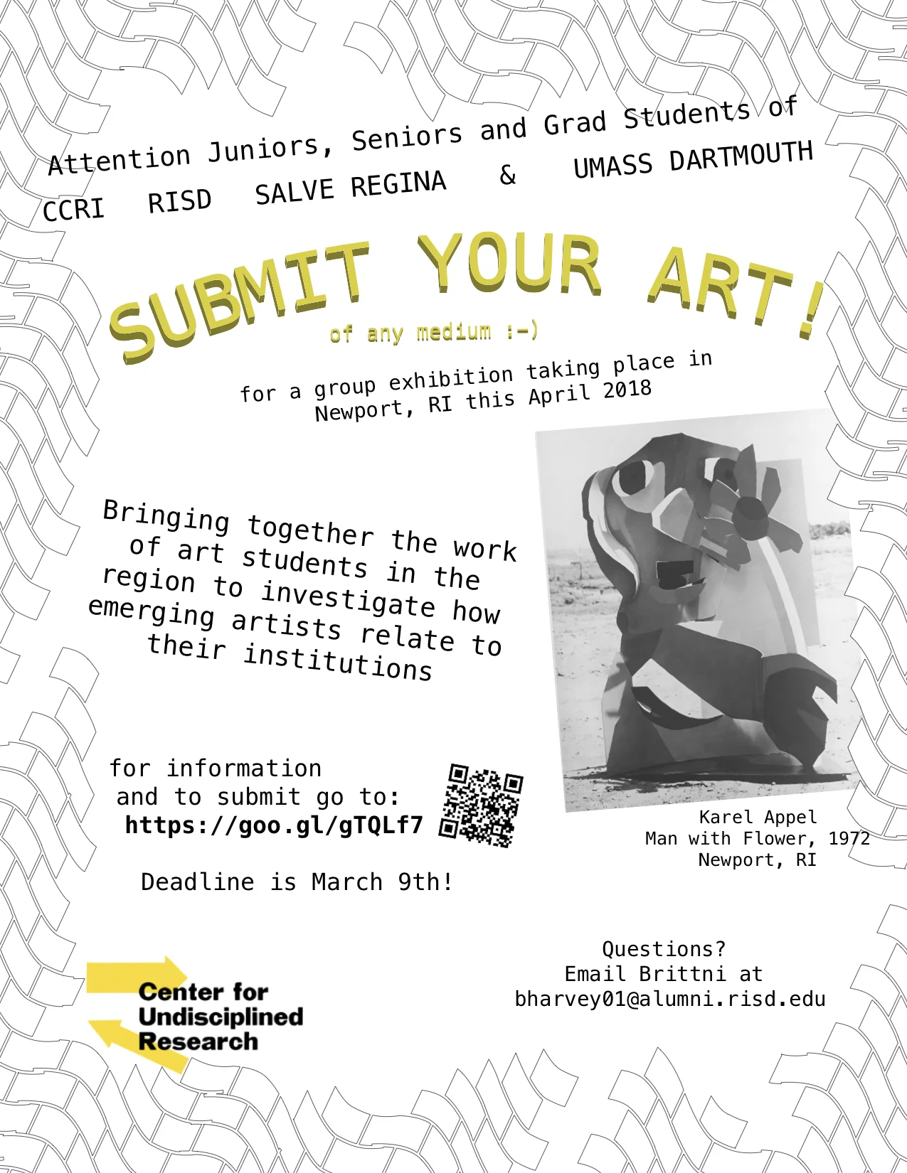 We're accepting submissions for an exciting exhibition happening in April! Submit here: https://goo.gl/forms/3LPRmLm90R1Lf2J32