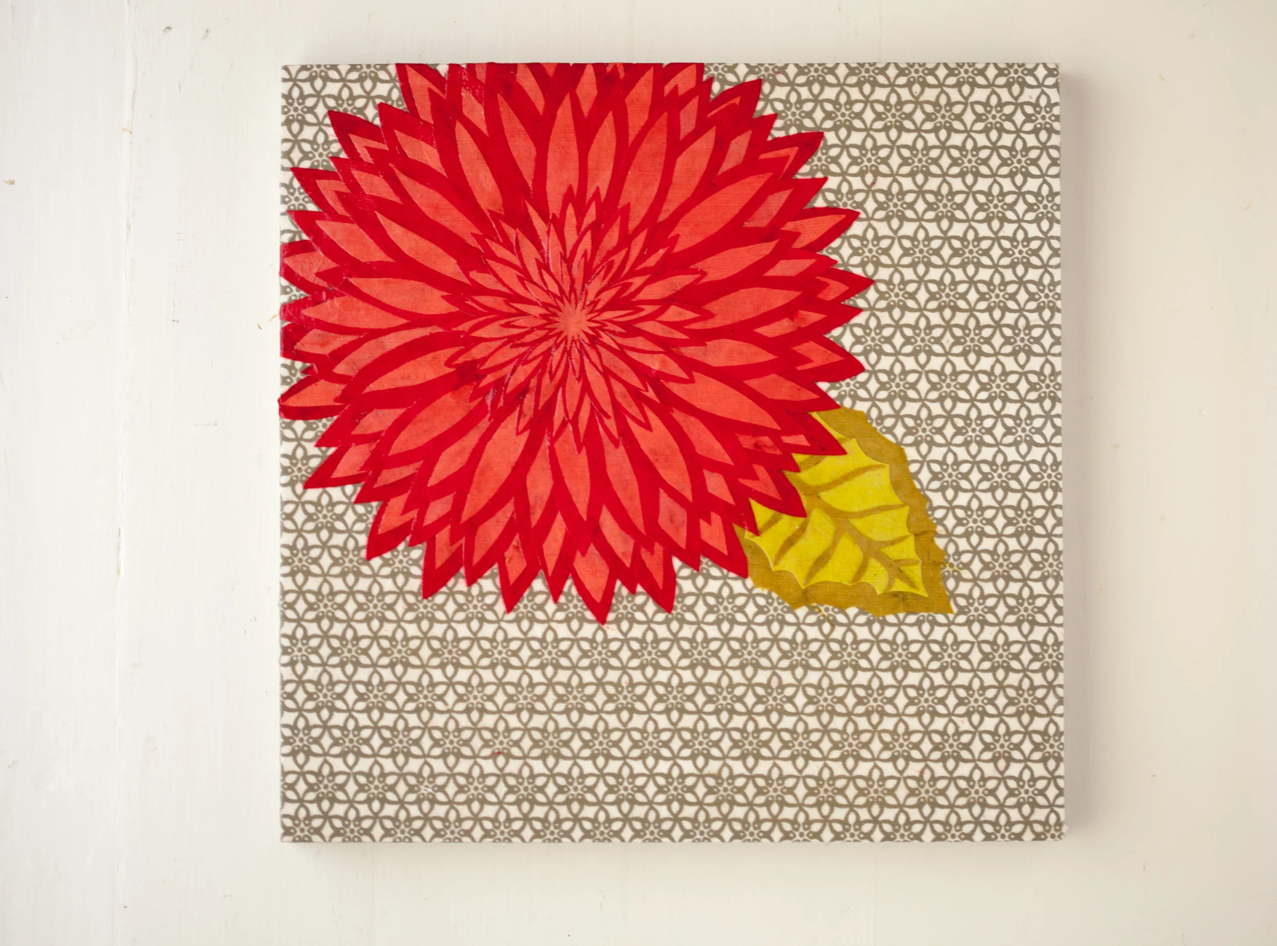 Crimson Dahlia on Grey and White