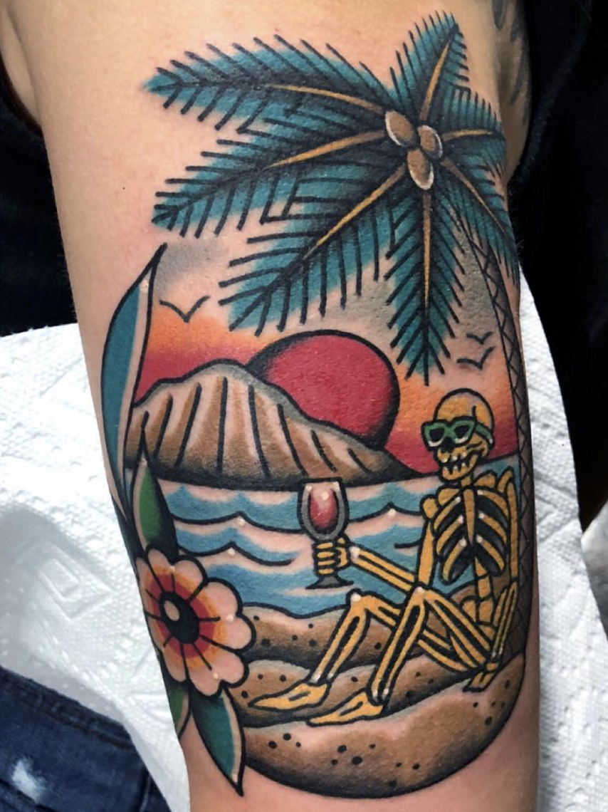 Desert  beach scene by Chris Howell  Liberty Tattoo in Seattle IG  chrishowelltattoo  rtraditionaltattoos