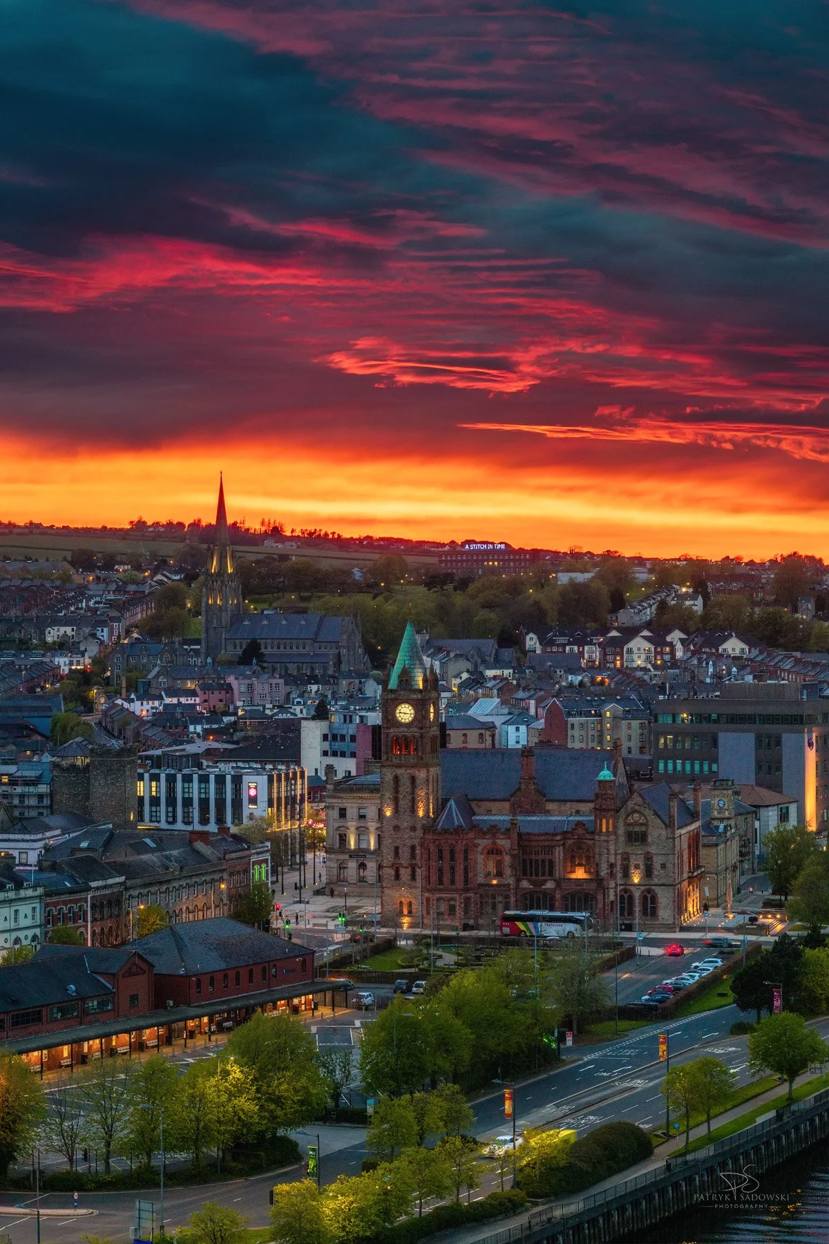Fiery sunset over the city