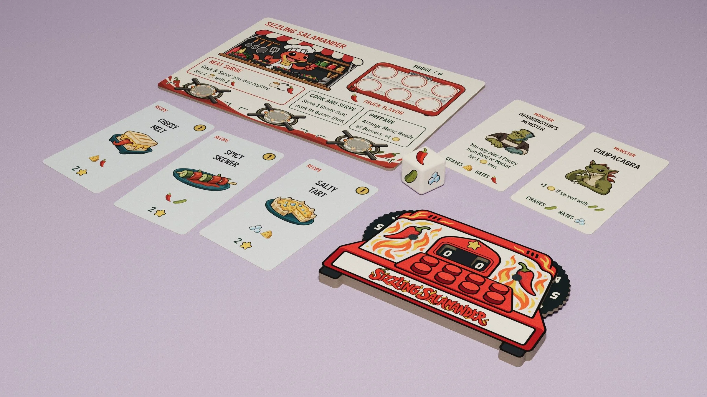Monster Munch game components: the Sizzling Salamander food-truck board and score tracker, colorful recipes, hungry monster customers and the aroma die.