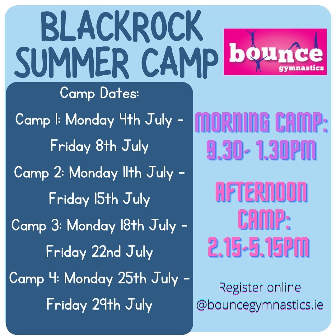 🤸🏻&zwj;♀️ BLACKROCK SUMMER  CAMP 🤸🏻&zwj;♀️ 
&bull;
&bull;
We are delighted to announce that we will be running four weeks of gymnastics camp over the Summer holidays.
&bull;
Registration is open on our website- click the link in our bio now! Plac