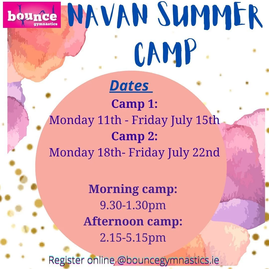 🤸🏻&zwj;♀️ NAVAN SUMMER  CAMP 🤸🏻&zwj;♀️ 
&bull;
&bull;
We are delighted to announce that we will be running two weeks of gymnastics camp over the Summer holidays.
&bull;
Registration is open on our website- click the link in our bio now! Places ar