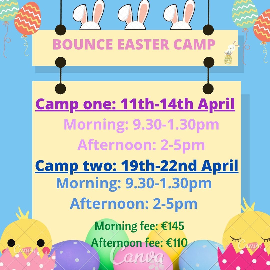 🐣 BOUNCE GYMNASTICS BLACKROCK EASTER CAMP 🐣 
&bull;
&bull;
We are delighted to announce that we will be running two weeks of gymnastics camp in Blackrock over the Easter holidays.
&bull;
Registration is open on our website- click the link in our bi