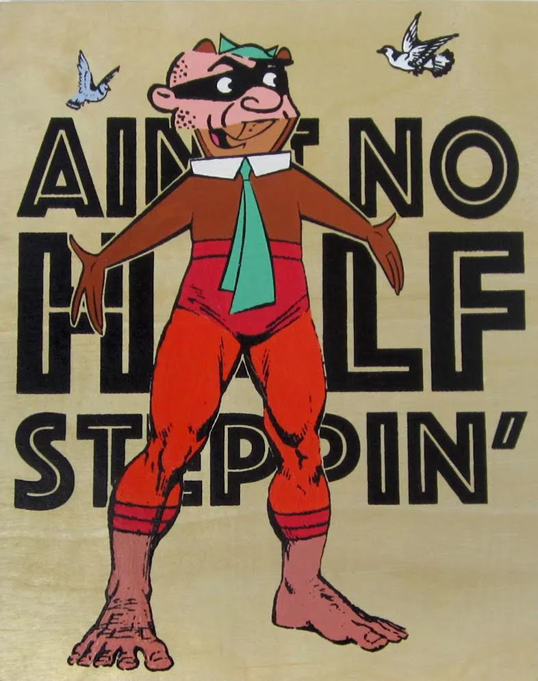 Code Name: Half Step After an accidental mix-up of chemicals from his father’s experiments, he gained the ability to temporarily copy skills, physical traits and lyrics to B.D.K. He is also smarter than the average bear. screen print and acrylic on wood panel. 11" x 14"
