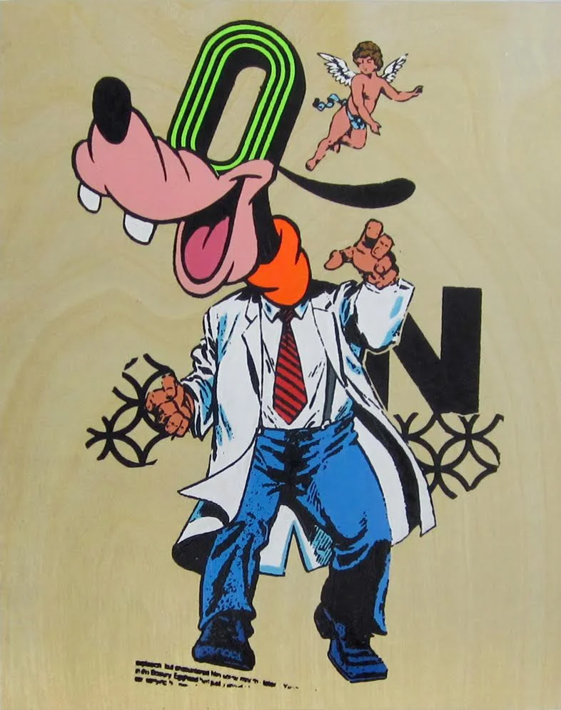 Code Name: O-Face An extremely clumsy and dimwitted atomic research scientist with a southern drawl and a turtle neck. He was dismissed for espionage and resolved to use his “intellect” as a criminal mastermind. screen print and acrylic on wood panel. 11" x 14"