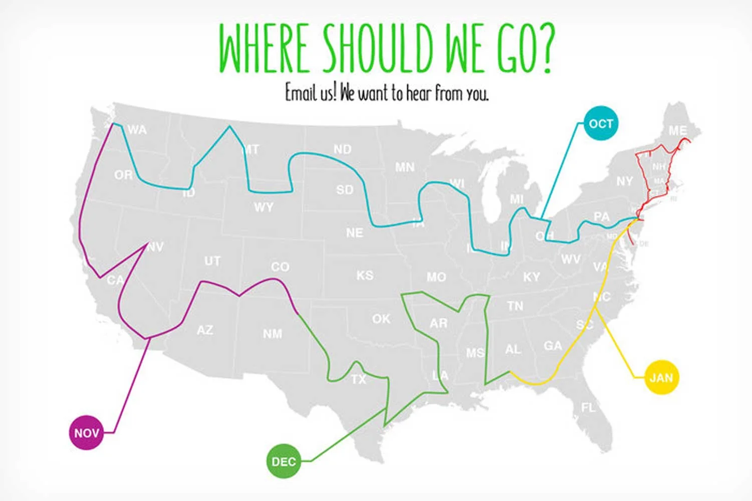This was our very first travel map! HAAAAAA!! We thought we could get across country in just one month! We were crazy back then.