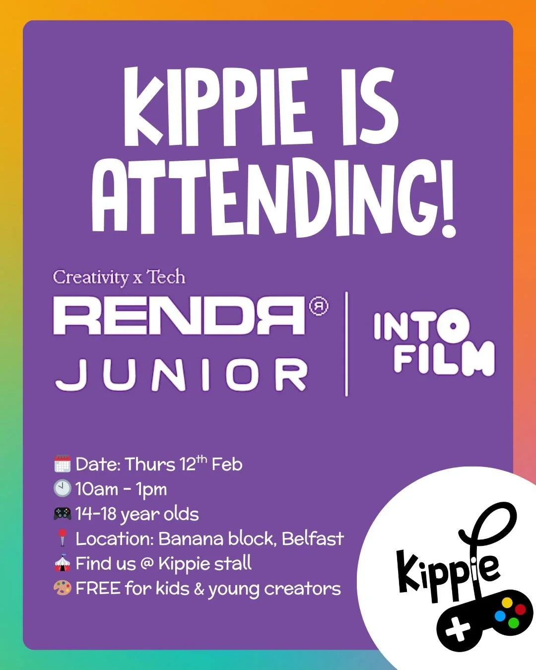 We&rsquo;re heading to @rendrfestival Junior!

Kippie will be attending Rendr Junior with our own stall, and we&rsquo;d love to see you there 💜

🕙 10am &ndash; 1pm
🎮 For ages 14&ndash;18
🎨 Perfect for young creators interested in games, film, and