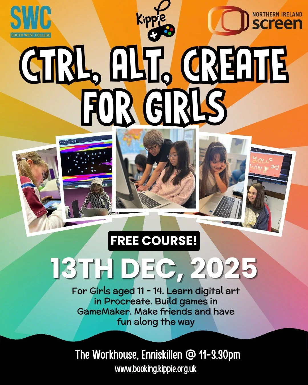 🎨 Ctrl, Alt, Create: Beginners is coming to Enniskillen! 🚀

Formerly known as Girls Make Games, this 1 day course is now open to girls aged 11&ndash;14 who want to learn how to design and build their very own video game from scratch in GameMaker, u