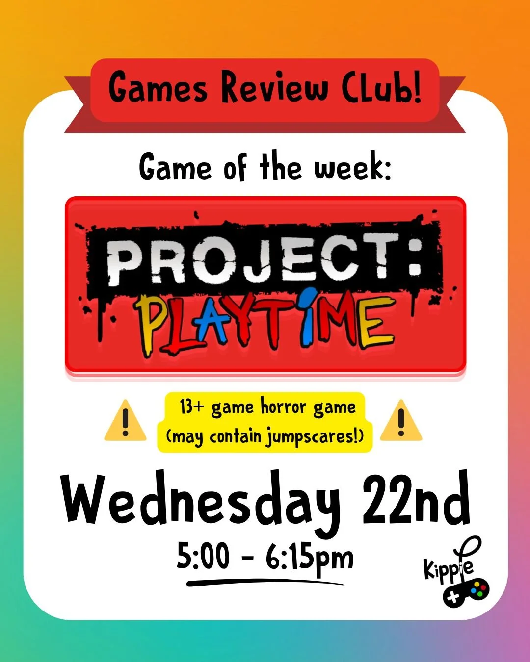 Games Review club!
-----------------------
The game of the week is Project Playtime!

A free-to-play multiplayer horror game where survivors cooperate to assemble a giant toy solving puzzles while another player controls the monster trying to stop th