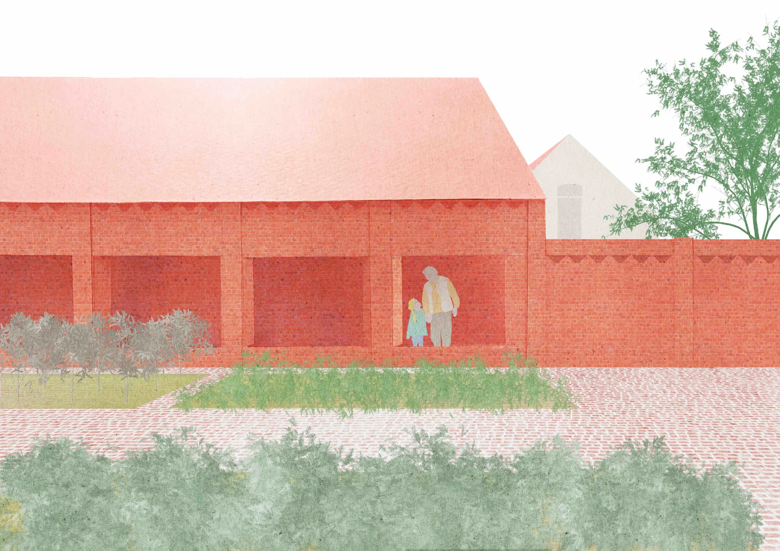 Tomas Dirrix winner of the Meesterproef 2017. In a competition organised by the Atelier Vlaams Bouwmeester Tomas Dirrix was selected as winner with a plan for the conversion of an enclosed, 100 meter long farm in the impressive landscape of the Wortel-Colony of Benevolence, established in 1822. While maintaining the original closed character of the complex, the brief for a distillery and tasting rooms asked for a strong relationship with the surrounding herb garden and landscape. The project embraces this paradox, and proposes to actually double the existing external wall, through which also a new public-route is established.
