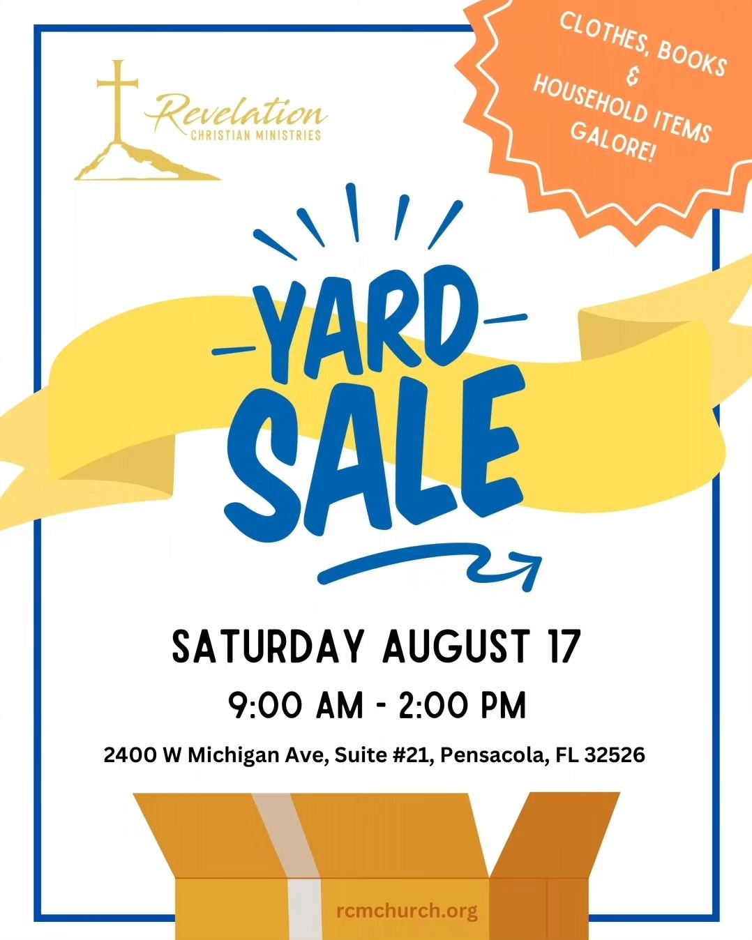 📦RCM YARD SALE!!📦 It's going down Saturday, August 17th 9am til 2pm. 

We have all kinds of great stuff for rock-bottom prices!
All proceeds go to supporting the RCM Women's Ministry. 

Come show your support!!
