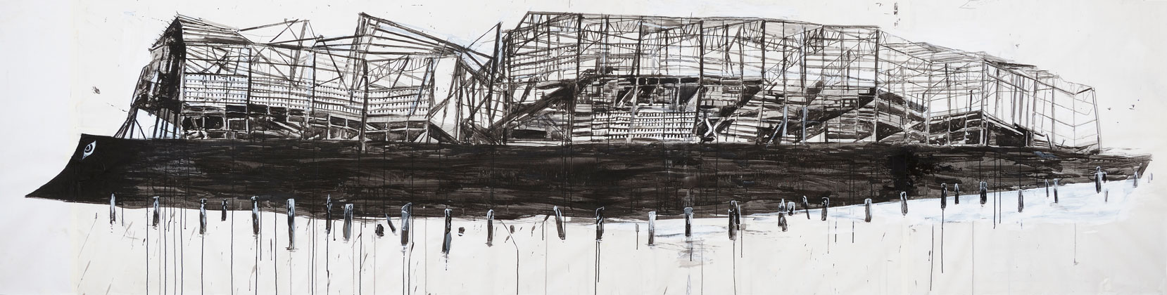 Ark Drawing, sumi ink & acrylic on paper, 3.5 x 14', 2012